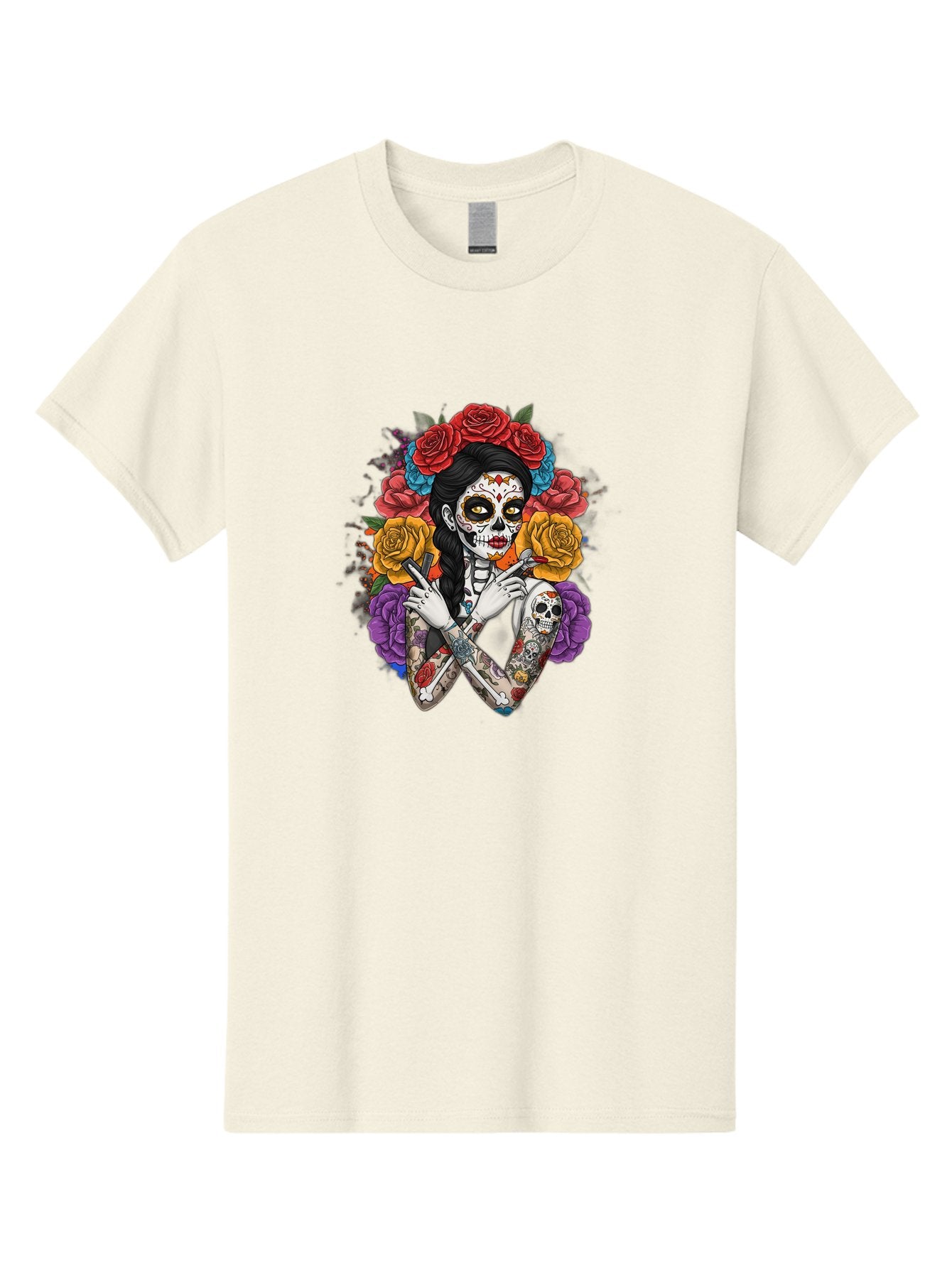 Sugar-Skull-Woman Men'S Graphic Tee, 100% Cotton, Comfortable Casual Summer Wear, Machine Washable, Sugar Skull, Day Of The Dead, Tattoo Art, Floral Crown, Roses, Skull Makeup, Vibrant Colors, Gothic Style, Feminine Beauty, Bad792 8