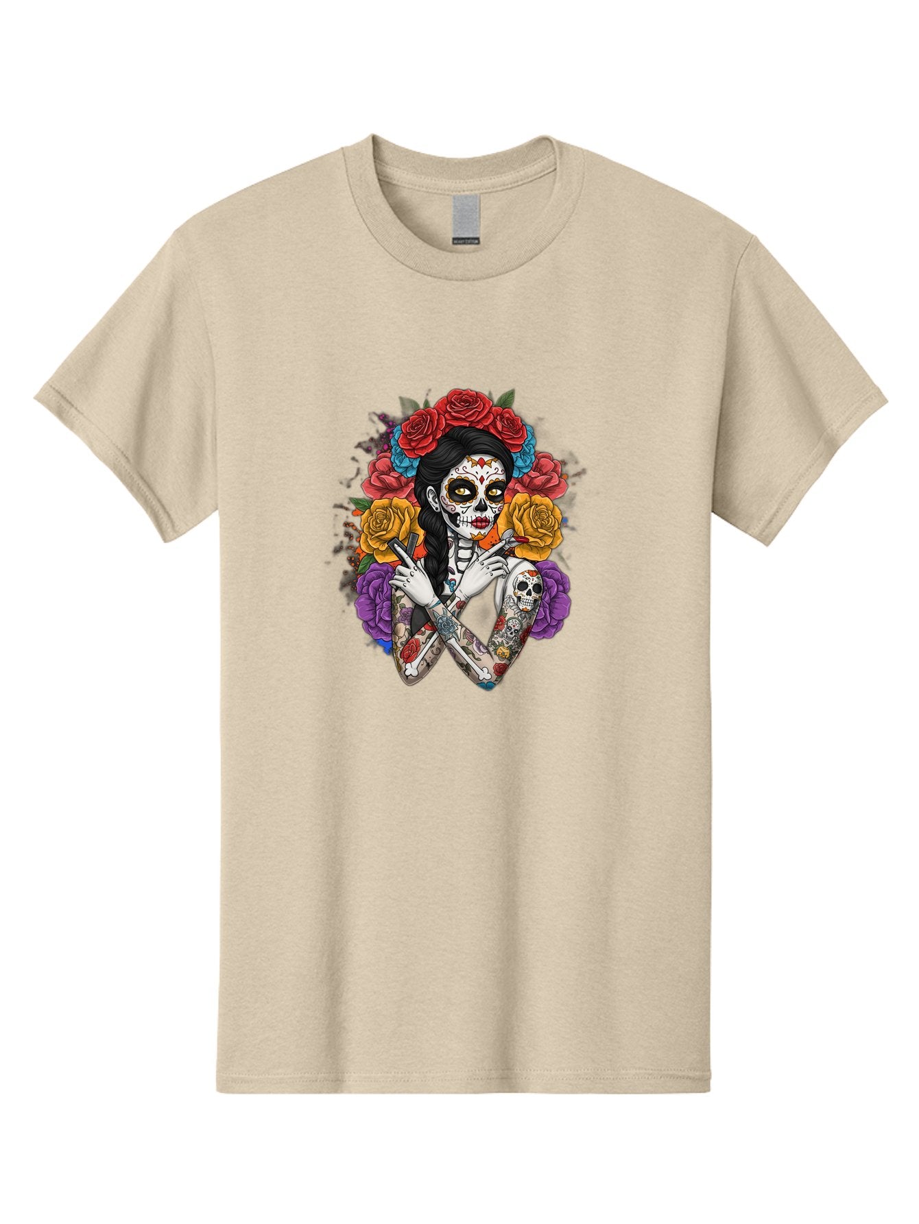 Sugar-Skull-Woman Men'S Graphic Tee, 100% Cotton, Comfortable Casual Summer Wear, Machine Washable, Sugar Skull, Day Of The Dead, Tattoo Art, Floral Crown, Roses, Skull Makeup, Vibrant Colors, Gothic Style, Feminine Beauty, Bad792 13