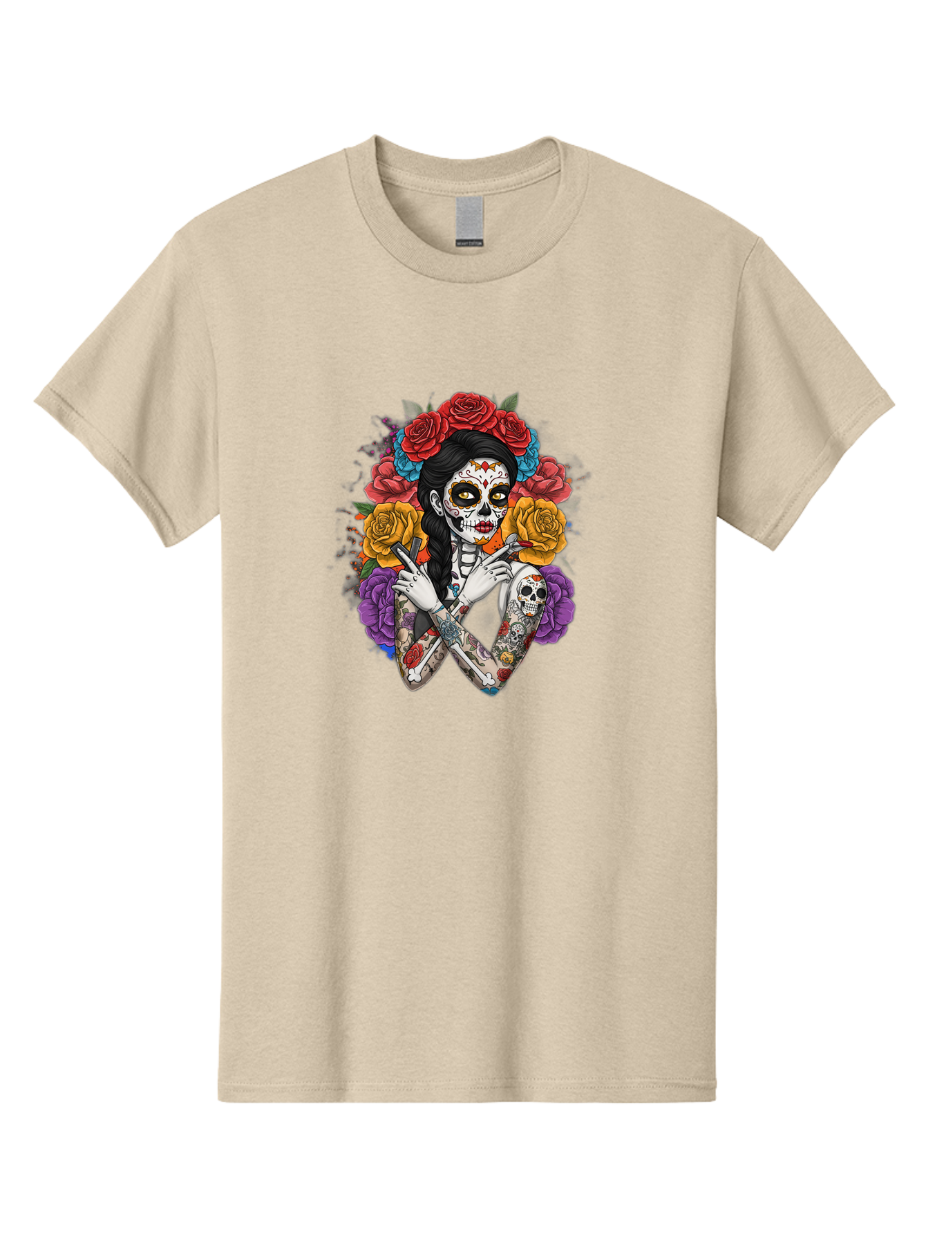 Sugar-Skull-Woman Men'S Graphic Tee, 100% Cotton, Comfortable Casual Summer Wear, Machine Washable, Sugar Skull, Day Of The Dead, Tattoo Art, Floral Crown, Roses, Skull Makeup, Vibrant Colors, Gothic Style, Feminine Beauty, Bad792 15