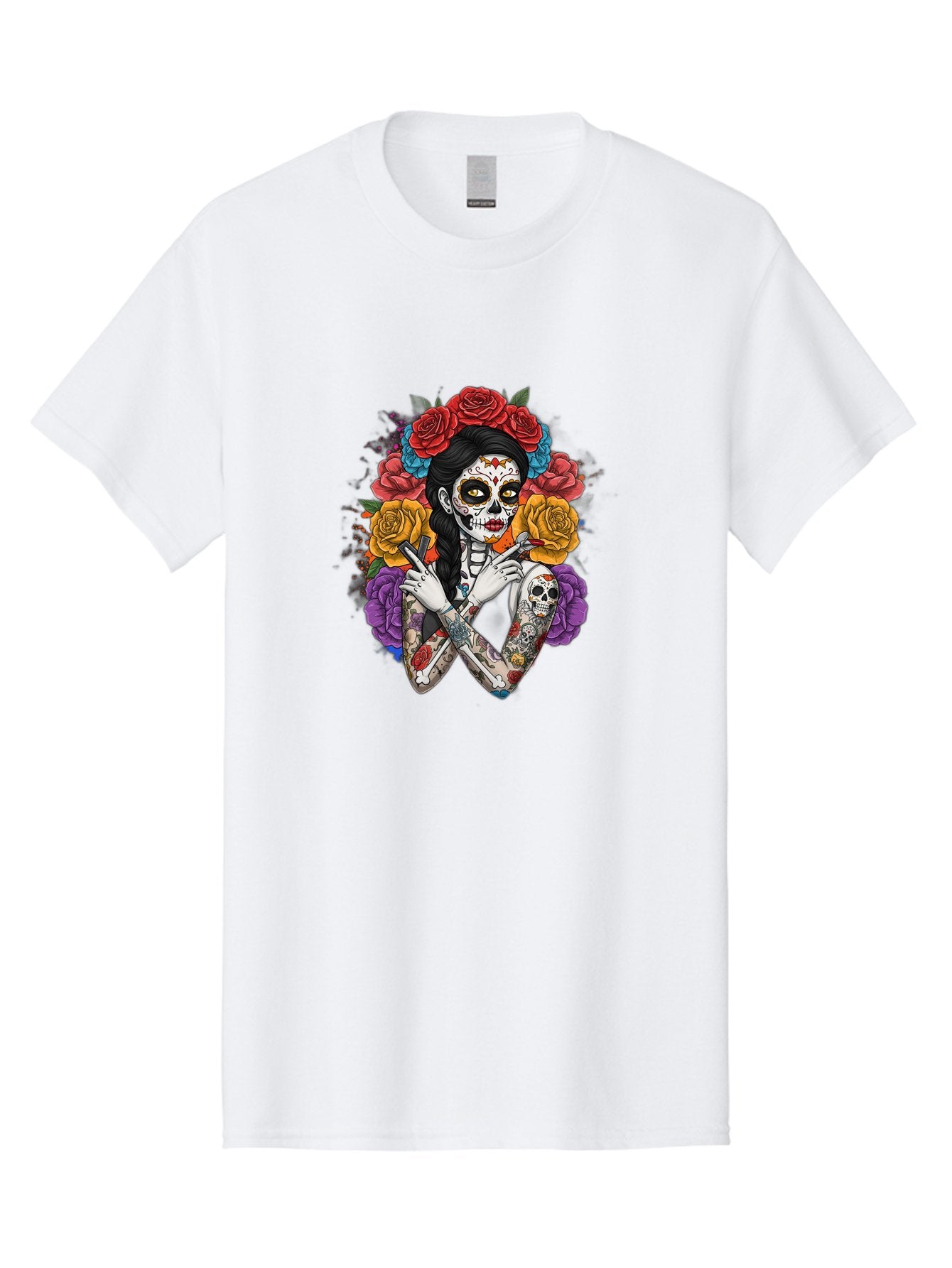 Sugar-Skull-Woman Men'S Graphic Tee, 100% Cotton, Comfortable Casual Summer Wear, Machine Washable, Sugar Skull, Day Of The Dead, Tattoo Art, Floral Crown, Roses, Skull Makeup, Vibrant Colors, Gothic Style, Feminine Beauty, Bad792 6