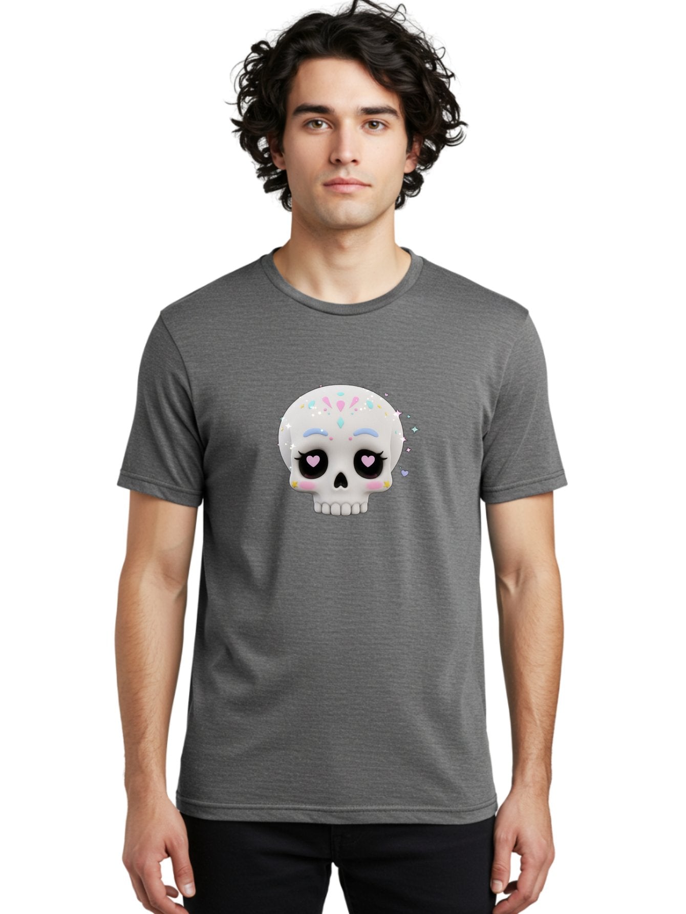 Sugar-Skull Men'S Graphic Tee, 100% Cotton, Comfortable Casual Summer Wear, Machine Washable, Sugar Skull Graphic, Cartoon-Style Skull, Pastel Colors, Festive Design, Day Of The Dead Theme, Colorful Sprinkles, Sparkly Elements, Bad793 30