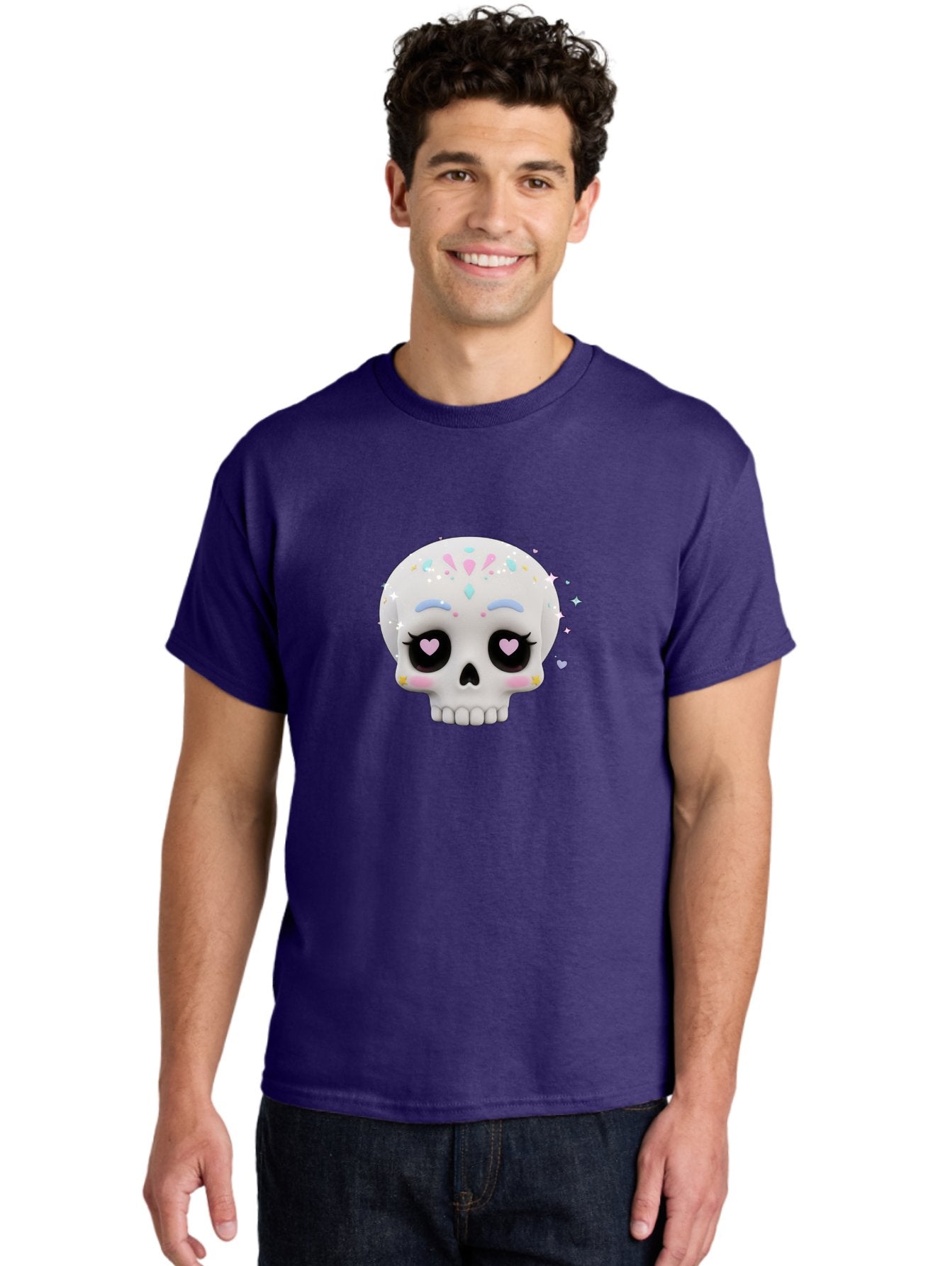 Sugar-Skull Men'S Graphic Tee, 100% Cotton, Comfortable Casual Summer Wear, Machine Washable, Sugar Skull Graphic, Cartoon-Style Skull, Pastel Colors, Festive Design, Day Of The Dead Theme, Colorful Sprinkles, Sparkly Elements, Bad793 23