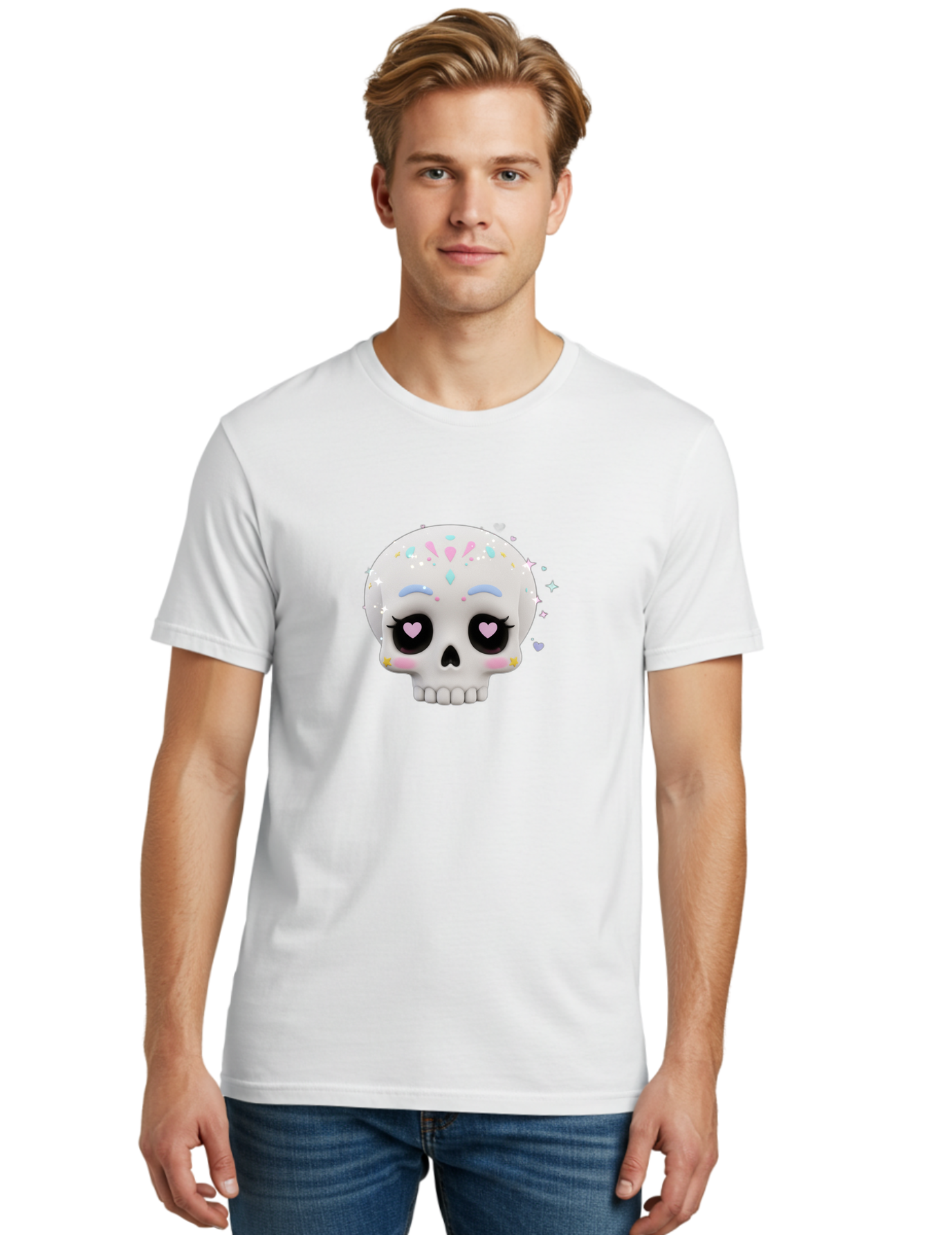 Sugar-Skull Men'S Graphic Tee, 100% Cotton, Comfortable Casual Summer Wear, Machine Washable, Sugar Skull Graphic, Cartoon-Style Skull, Pastel Colors, Festive Design, Day Of The Dead Theme, Colorful Sprinkles, Sparkly Elements, Bad793 17