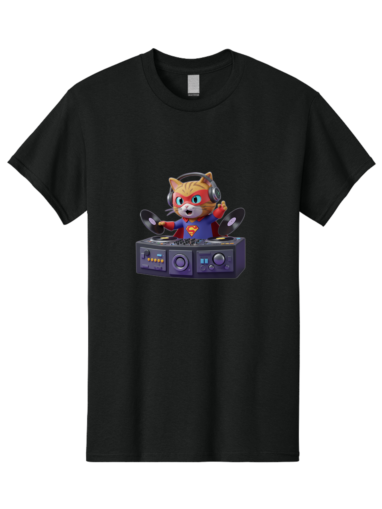 Superman-Cat-Dj Men'S Graphic Tee, 100% Cotton, Comfortable Casual Summer Wear, Machine Washable, Funny Cat, Dj Setup, Vinyl Records, Superhero Costume, Superman Logo, Party Atmosphere, Cartoon Character, Techno Music, Dancing Cat Bad796 7
