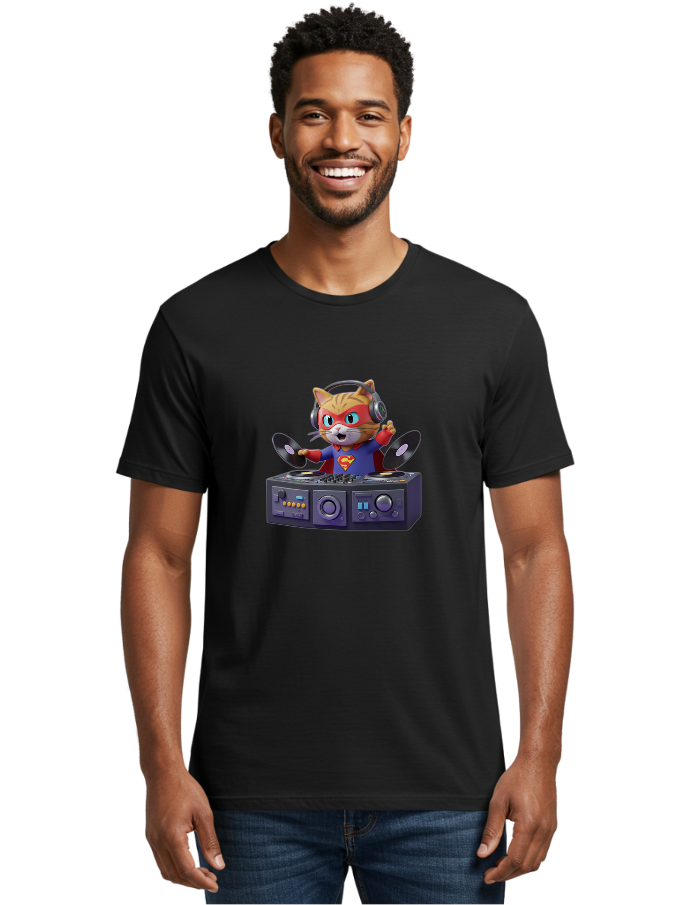 Superman-Cat-Dj Men'S Graphic Tee, 100% Cotton, Comfortable Casual Summer Wear, Machine Washable, Funny Cat, Dj Setup, Vinyl Records, Superhero Costume, Superman Logo, Party Atmosphere, Cartoon Character, Techno Music, Dancing Cat Bad796 22