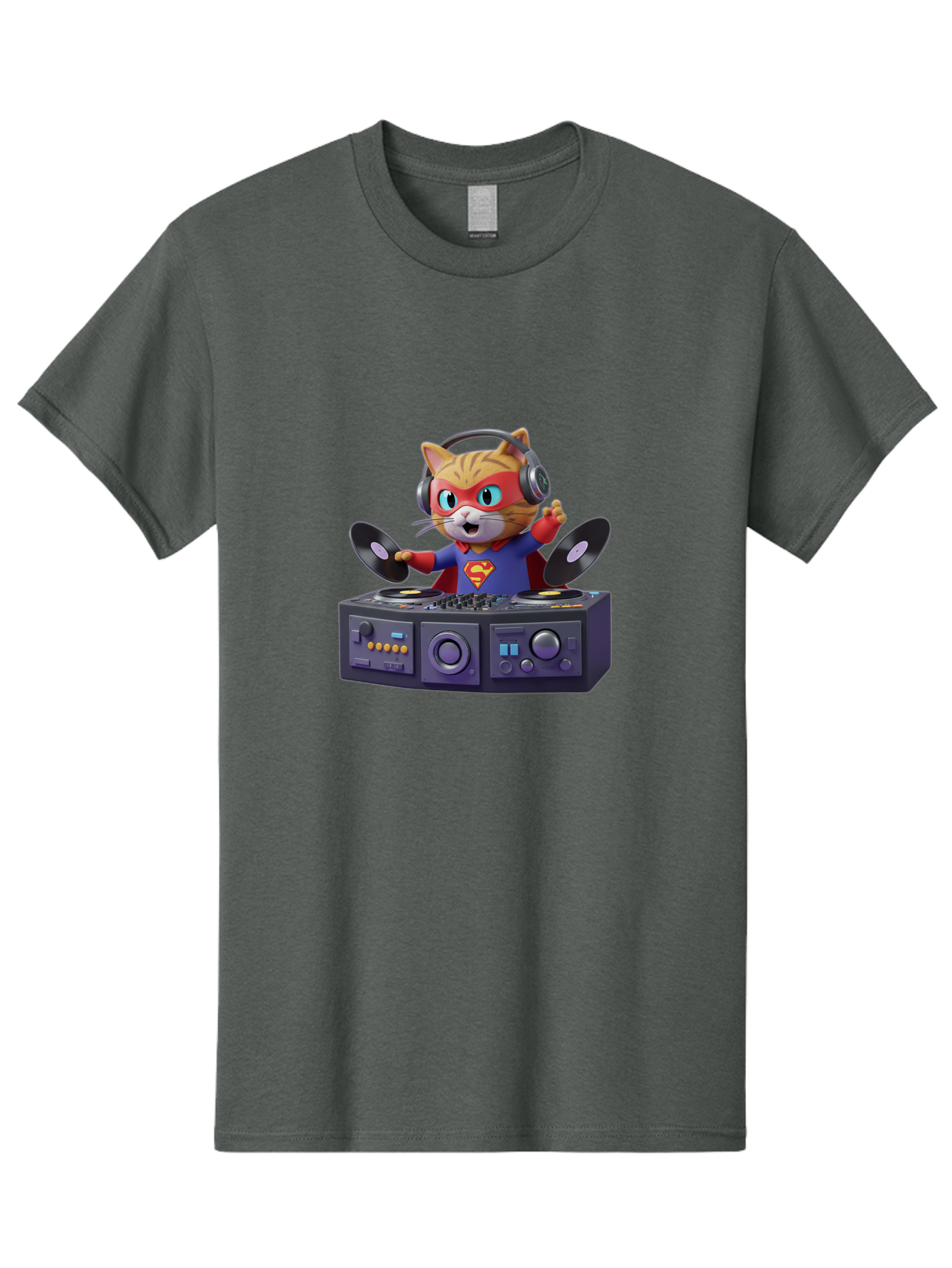 Superman-Cat-Dj Men'S Graphic Tee, 100% Cotton, Comfortable Casual Summer Wear, Machine Washable, Funny Cat, Dj Setup, Vinyl Records, Superhero Costume, Superman Logo, Party Atmosphere, Cartoon Character, Techno Music, Dancing Cat Bad796 14