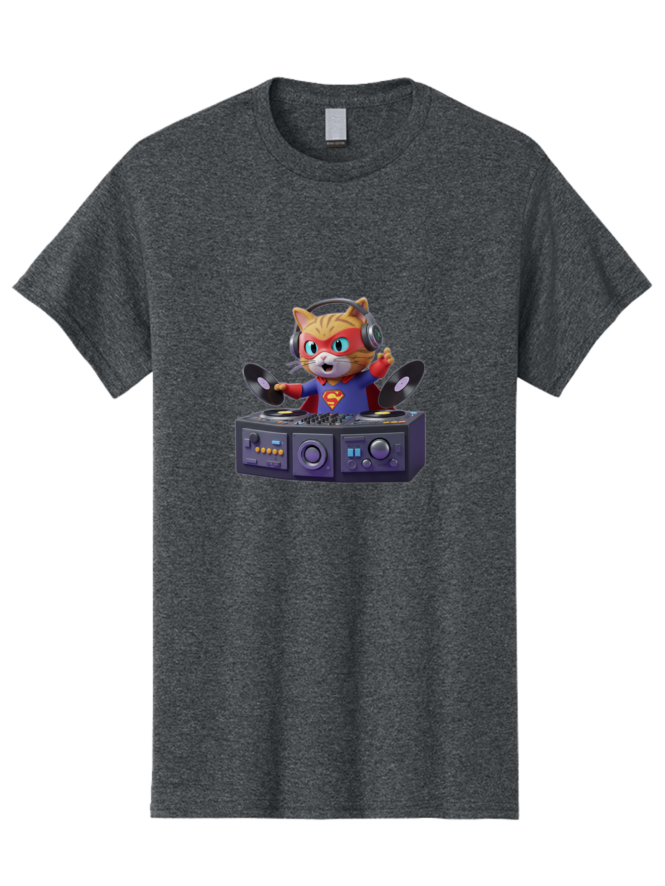 Superman-Cat-Dj Men'S Graphic Tee, 100% Cotton, Comfortable Casual Summer Wear, Machine Washable, Funny Cat, Dj Setup, Vinyl Records, Superhero Costume, Superman Logo, Party Atmosphere, Cartoon Character, Techno Music, Dancing Cat Bad796 11