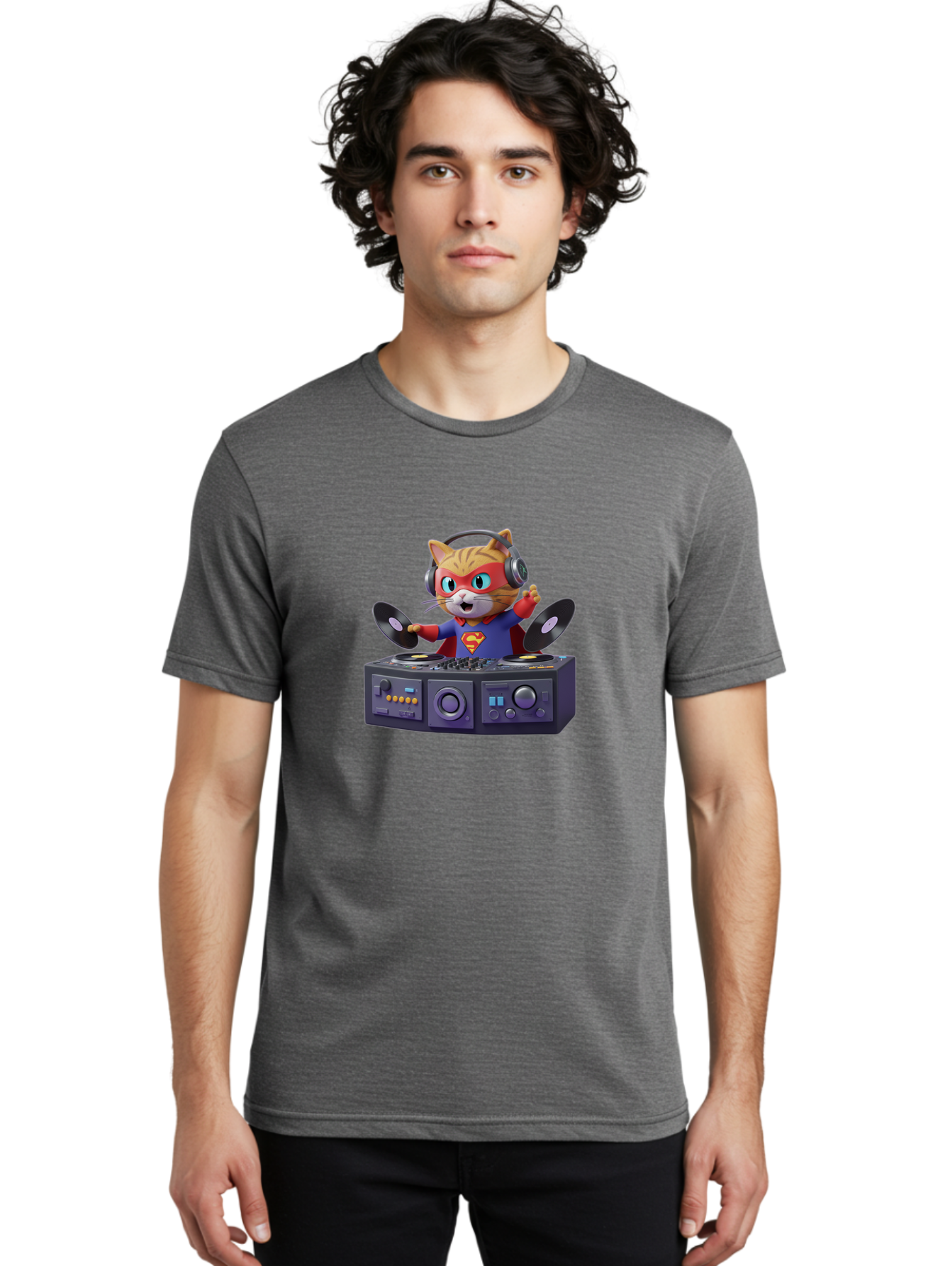 Superman-Cat-Dj Men'S Graphic Tee, 100% Cotton, Comfortable Casual Summer Wear, Machine Washable, Funny Cat, Dj Setup, Vinyl Records, Superhero Costume, Superman Logo, Party Atmosphere, Cartoon Character, Techno Music, Dancing Cat Bad796 16