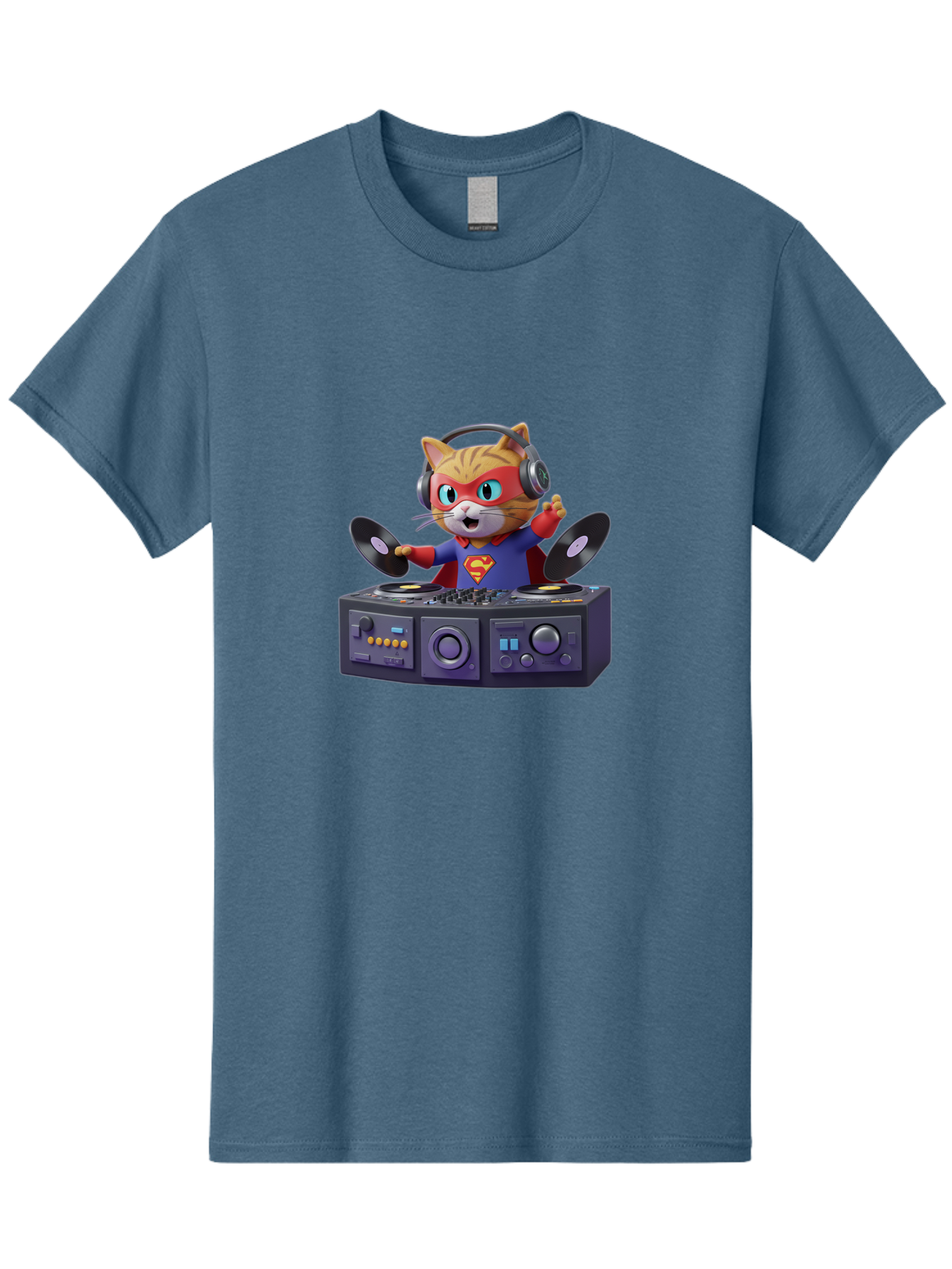 Superman-Cat-Dj Men'S Graphic Tee, 100% Cotton, Comfortable Casual Summer Wear, Machine Washable, Funny Cat, Dj Setup, Vinyl Records, Superhero Costume, Superman Logo, Party Atmosphere, Cartoon Character, Techno Music, Dancing Cat Bad796 8