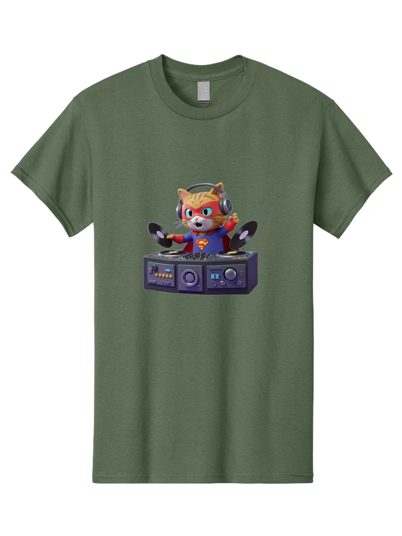 Superman-Cat-Dj Men'S Graphic Tee, 100% Cotton, Comfortable Casual Summer Wear, Machine Washable, Funny Cat, Dj Setup, Vinyl Records, Superhero Costume, Superman Logo, Party Atmosphere, Cartoon Character, Techno Music, Dancing Cat Bad796 6