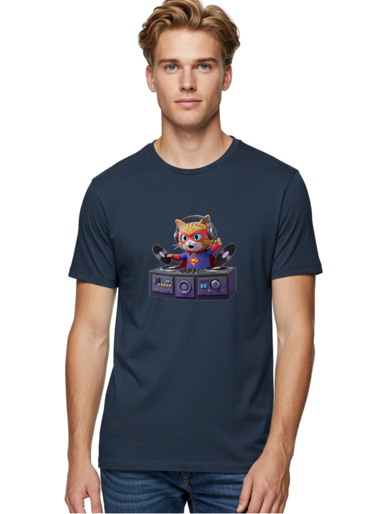Superman-Cat-Dj Men'S Graphic Tee, 100% Cotton, Comfortable Casual Summer Wear, Machine Washable, Funny Cat, Dj Setup, Vinyl Records, Superhero Costume, Superman Logo, Party Atmosphere, Cartoon Character, Techno Music, Dancing Cat Bad796 30