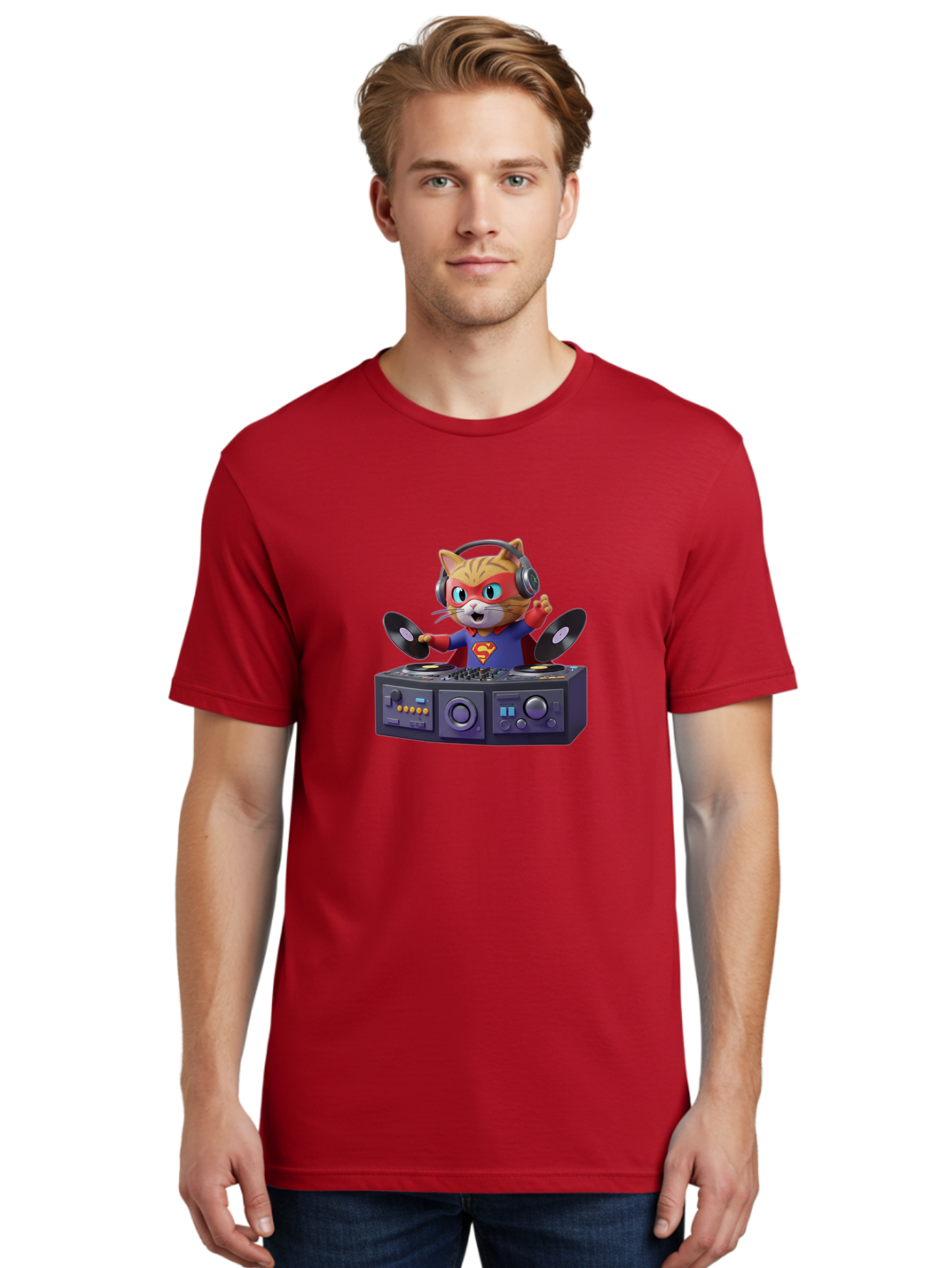 Superman-Cat-Dj Men'S Graphic Tee, 100% Cotton, Comfortable Casual Summer Wear, Machine Washable, Funny Cat, Dj Setup, Vinyl Records, Superhero Costume, Superman Logo, Party Atmosphere, Cartoon Character, Techno Music, Dancing Cat Bad796 27