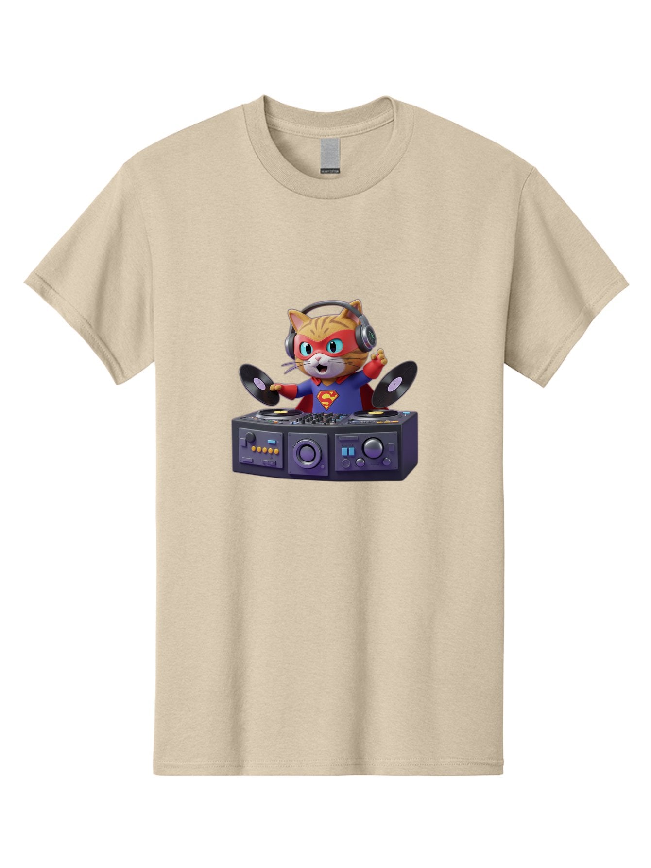 Superman-Cat-Dj Men'S Graphic Tee, 100% Cotton, Comfortable Casual Summer Wear, Machine Washable, Funny Cat, Dj Setup, Vinyl Records, Superhero Costume, Superman Logo, Party Atmosphere, Cartoon Character, Techno Music, Dancing Cat Bad796 7