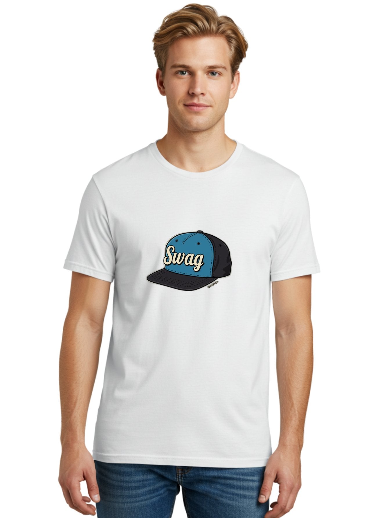 Swag-Baseball-Cap Men'S Graphic Tee, 100% Cotton, Comfortable Casual Summer Wear, Machine Washable, Baseball Cap, Swag Text, Blue And Black Hat, Trendy Accessory, Streetwear Fashion, Stylish Design, Cool Cap, Fashion Statement, Bad799 29