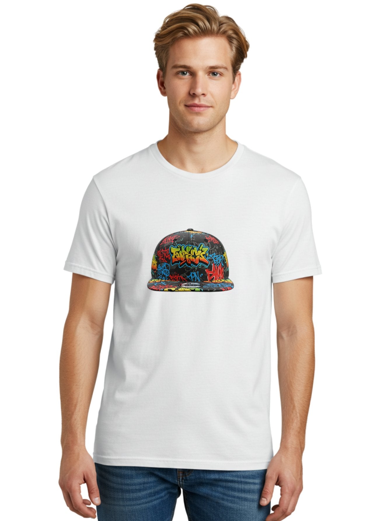 Talkfok-Graffiti-Baseball-Cap Men'S Graphic Tee, 100% Cotton, Comfortable Casual Summer Wear, Machine Washable, Graffiti Cap, Streetwear Fashion, Urban Style, Colorful Hat, Daft Punk, Vibrant Design, Street Art, Fashion Accessory, Trendy Hat, Bad801 25
