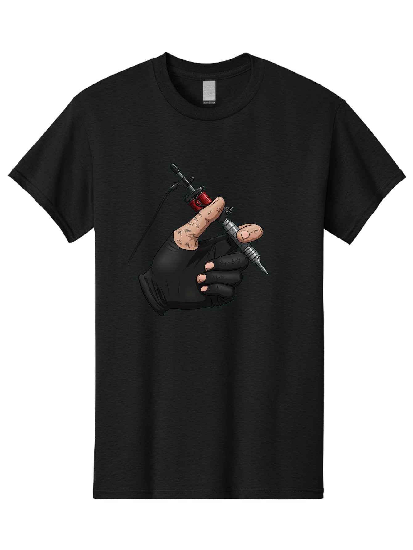 Tattoo-Hand Men'S Graphic Tee, 100% Cotton, Comfortable Casual Summer Wear, Machine Washable, Tattoo Artist Hand, Black Glove, Tattoo Machine In Hand, Red Tattoo Gun, Silver Needle, Tattoo Art, Body Art, Inked Hand Bad802 11