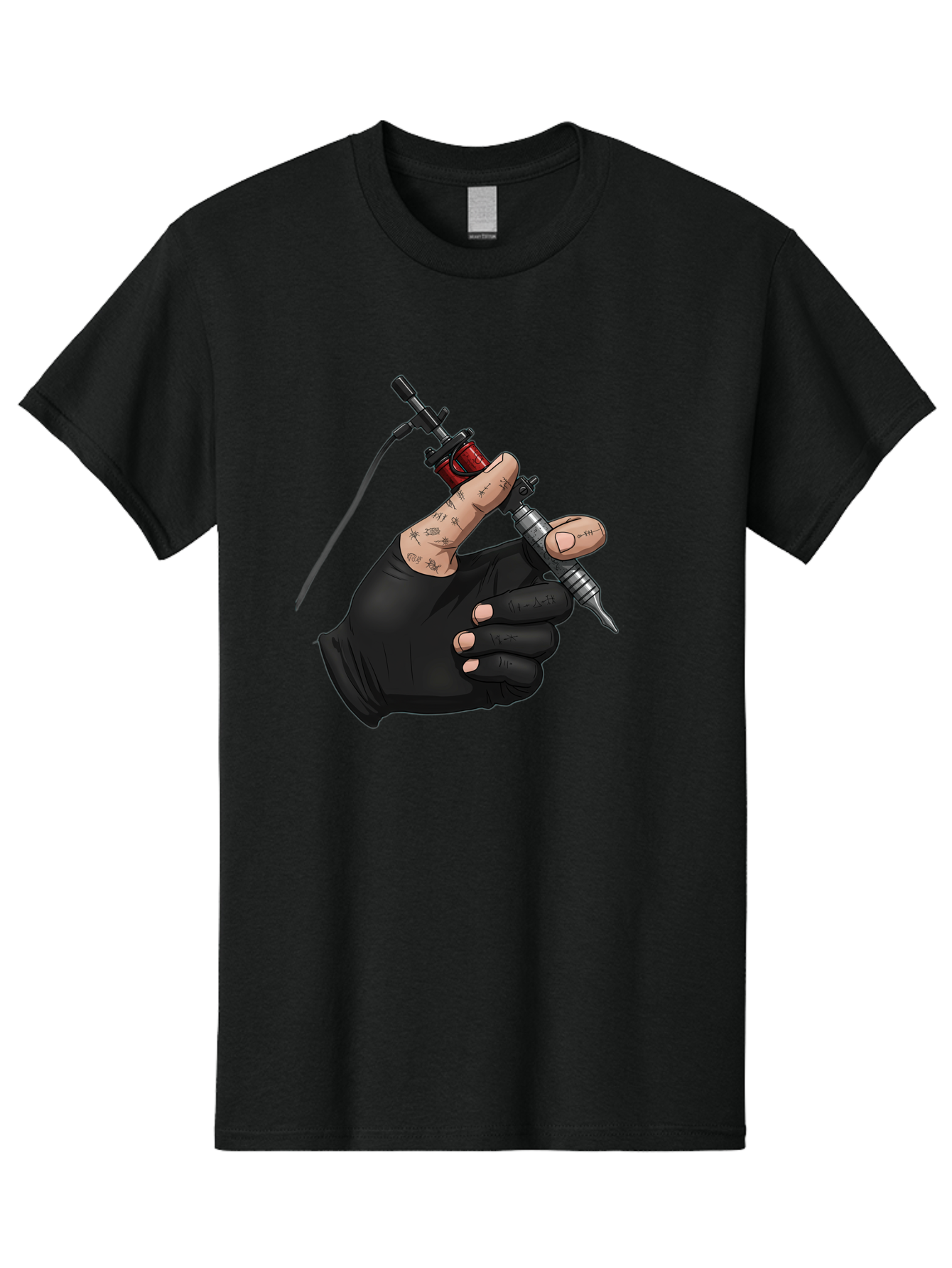 Tattoo-Hand Men'S Graphic Tee, 100% Cotton, Comfortable Casual Summer Wear, Machine Washable, Tattoo Artist Hand, Black Glove, Tattoo Machine In Hand, Red Tattoo Gun, Silver Needle, Tattoo Art, Body Art, Inked Hand Bad802 4