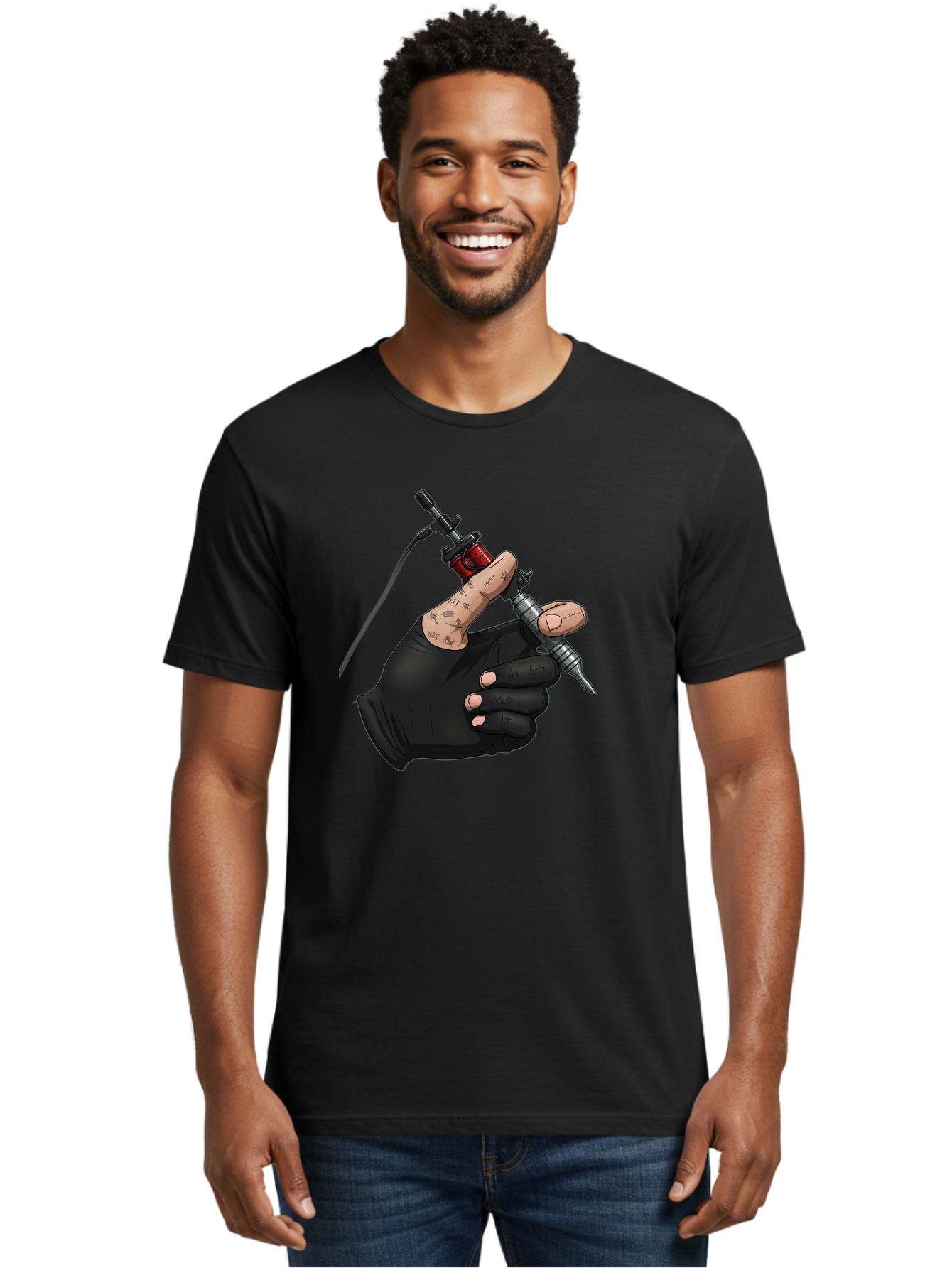 Tattoo-Hand Men'S Graphic Tee, 100% Cotton, Comfortable Casual Summer Wear, Machine Washable, Tattoo Artist Hand, Black Glove, Tattoo Machine In Hand, Red Tattoo Gun, Silver Needle, Tattoo Art, Body Art, Inked Hand Bad802 19