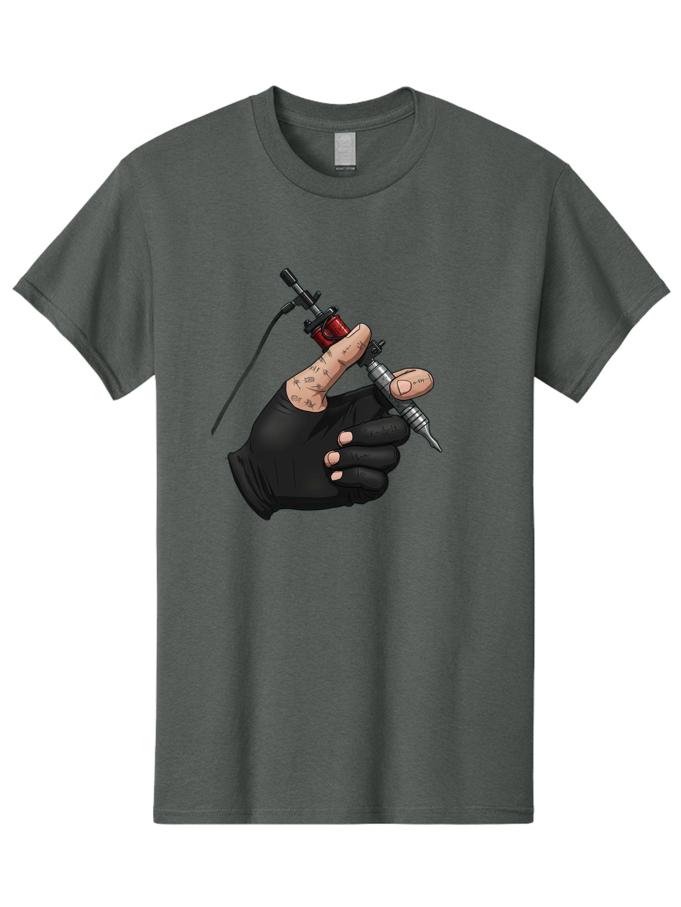 Tattoo-Hand Men'S Graphic Tee, 100% Cotton, Comfortable Casual Summer Wear, Machine Washable, Tattoo Artist Hand, Black Glove, Tattoo Machine In Hand, Red Tattoo Gun, Silver Needle, Tattoo Art, Body Art, Inked Hand Bad802 3
