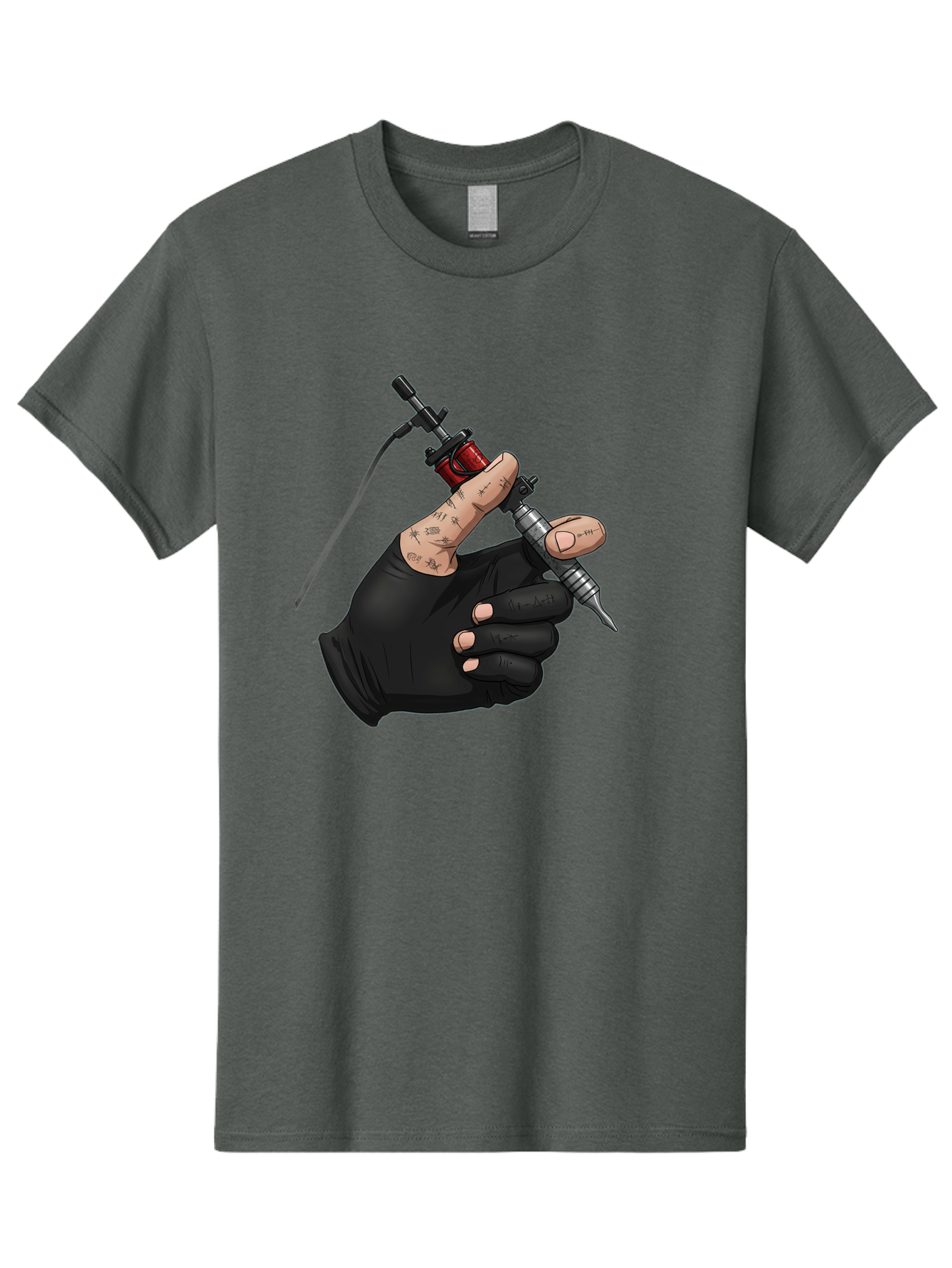 Tattoo-Hand Men'S Graphic Tee, 100% Cotton, Comfortable Casual Summer Wear, Machine Washable, Tattoo Artist Hand, Black Glove, Tattoo Machine In Hand, Red Tattoo Gun, Silver Needle, Tattoo Art, Body Art, Inked Hand Bad802 9