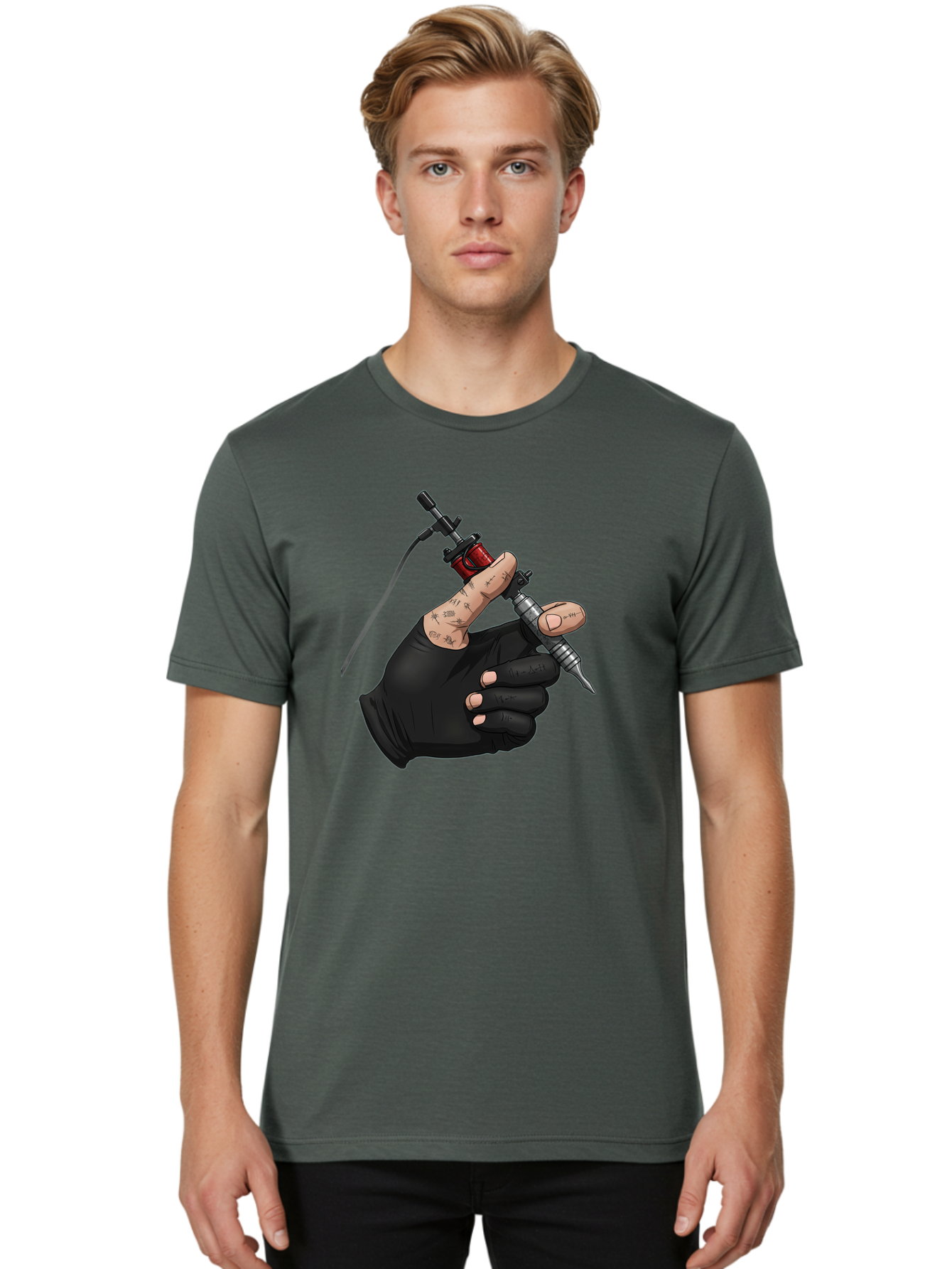 Tattoo-Hand Men'S Graphic Tee, 100% Cotton, Comfortable Casual Summer Wear, Machine Washable, Tattoo Artist Hand, Black Glove, Tattoo Machine In Hand, Red Tattoo Gun, Silver Needle, Tattoo Art, Body Art, Inked Hand Bad802 24