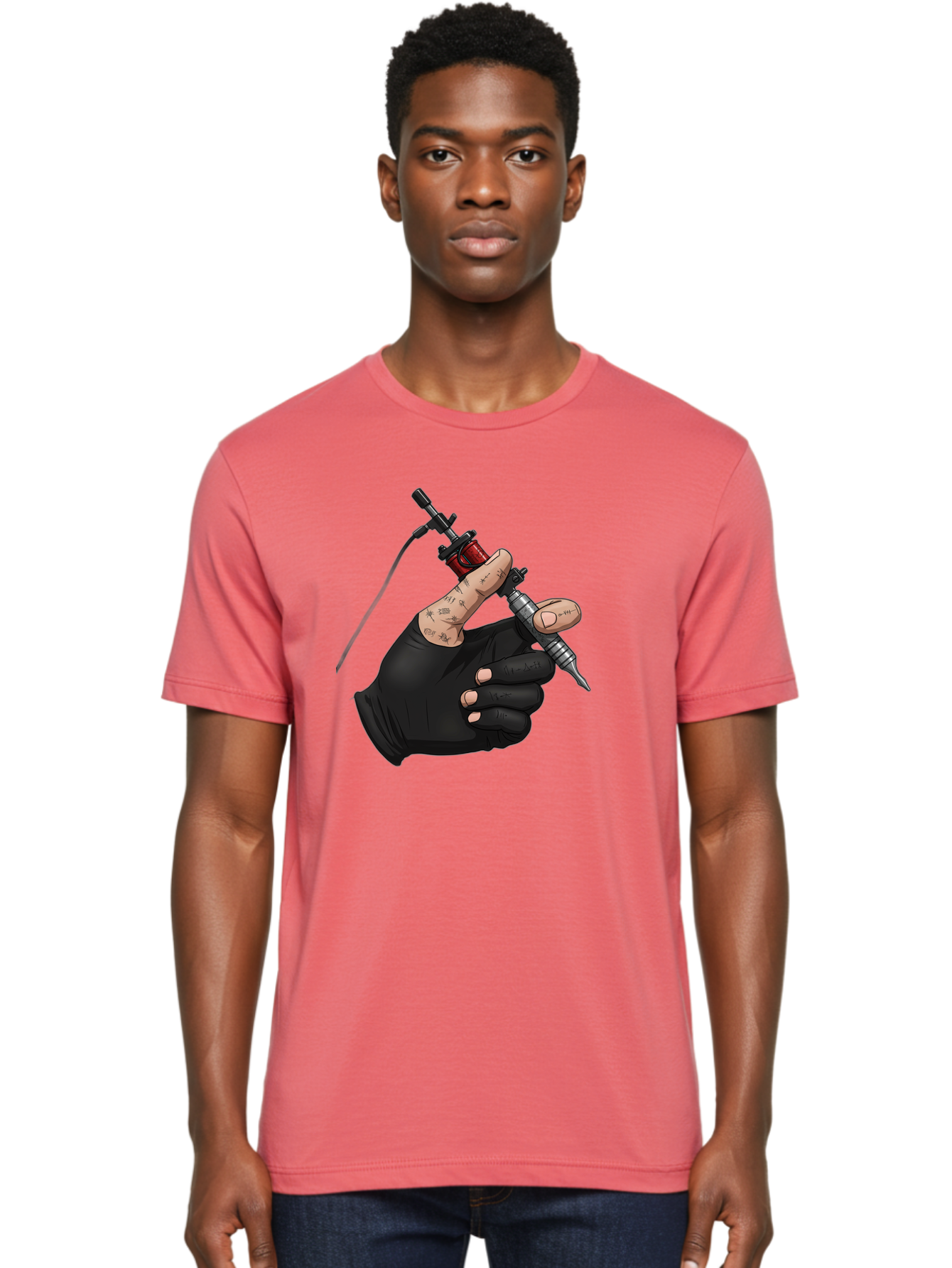 Tattoo-Hand Men'S Graphic Tee, 100% Cotton, Comfortable Casual Summer Wear, Machine Washable, Tattoo Artist Hand, Black Glove, Tattoo Machine In Hand, Red Tattoo Gun, Silver Needle, Tattoo Art, Body Art, Inked Hand Bad802 29