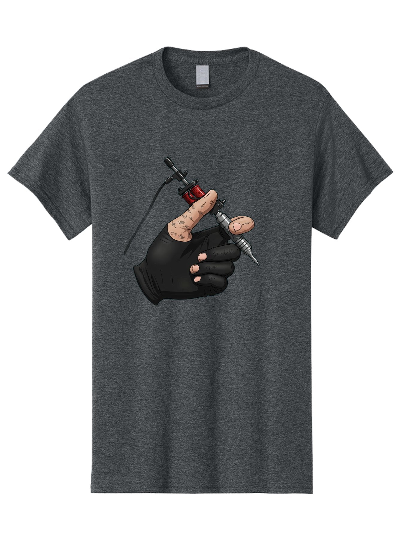 Tattoo-Hand Men'S Graphic Tee, 100% Cotton, Comfortable Casual Summer Wear, Machine Washable, Tattoo Artist Hand, Black Glove, Tattoo Machine In Hand, Red Tattoo Gun, Silver Needle, Tattoo Art, Body Art, Inked Hand Bad802 6