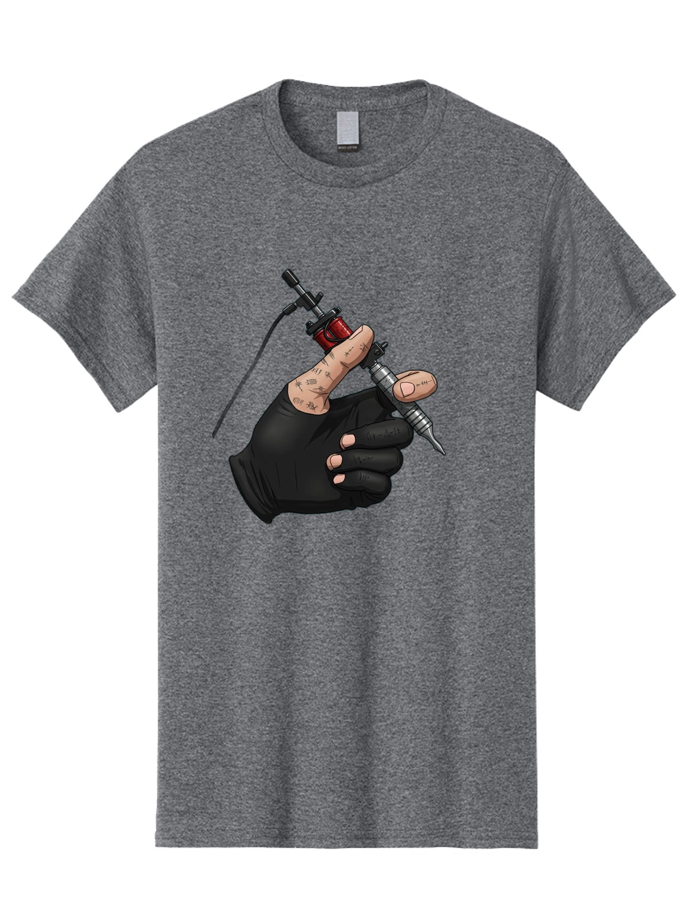 Tattoo-Hand Men'S Graphic Tee, 100% Cotton, Comfortable Casual Summer Wear, Machine Washable, Tattoo Artist Hand, Black Glove, Tattoo Machine In Hand, Red Tattoo Gun, Silver Needle, Tattoo Art, Body Art, Inked Hand Bad802 13