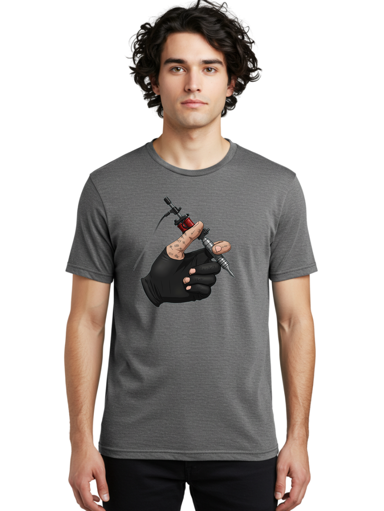 Tattoo-Hand Men'S Graphic Tee, 100% Cotton, Comfortable Casual Summer Wear, Machine Washable, Tattoo Artist Hand, Black Glove, Tattoo Machine In Hand, Red Tattoo Gun, Silver Needle, Tattoo Art, Body Art, Inked Hand Bad802 30