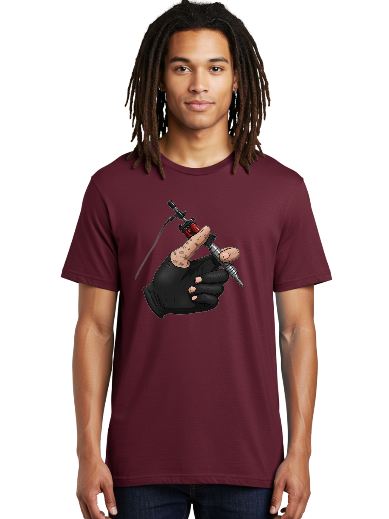 Tattoo-Hand Men'S Graphic Tee, 100% Cotton, Comfortable Casual Summer Wear, Machine Washable, Tattoo Artist Hand, Black Glove, Tattoo Machine In Hand, Red Tattoo Gun, Silver Needle, Tattoo Art, Body Art, Inked Hand Bad802 16