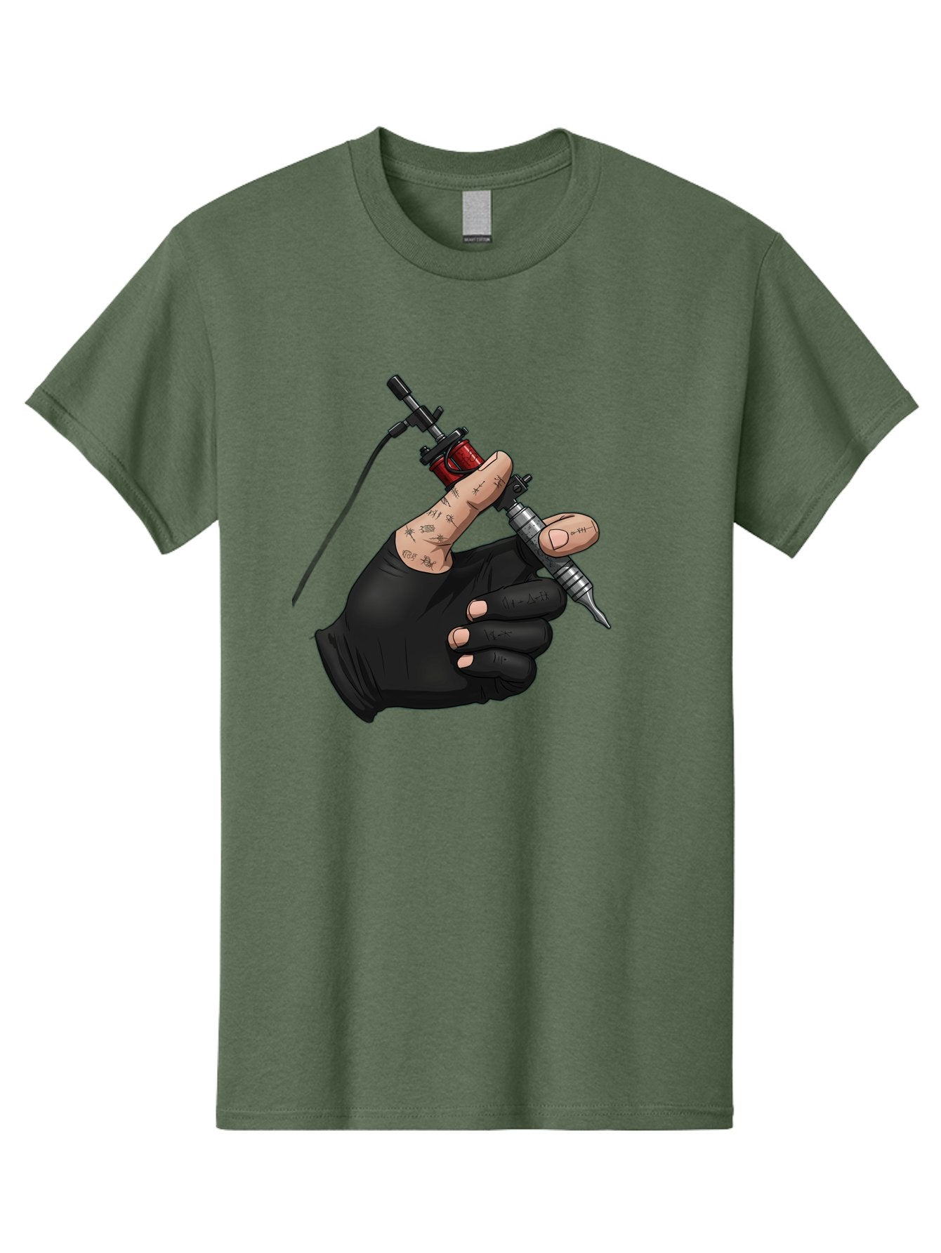 Tattoo-Hand Men'S Graphic Tee, 100% Cotton, Comfortable Casual Summer Wear, Machine Washable, Tattoo Artist Hand, Black Glove, Tattoo Machine In Hand, Red Tattoo Gun, Silver Needle, Tattoo Art, Body Art, Inked Hand Bad802