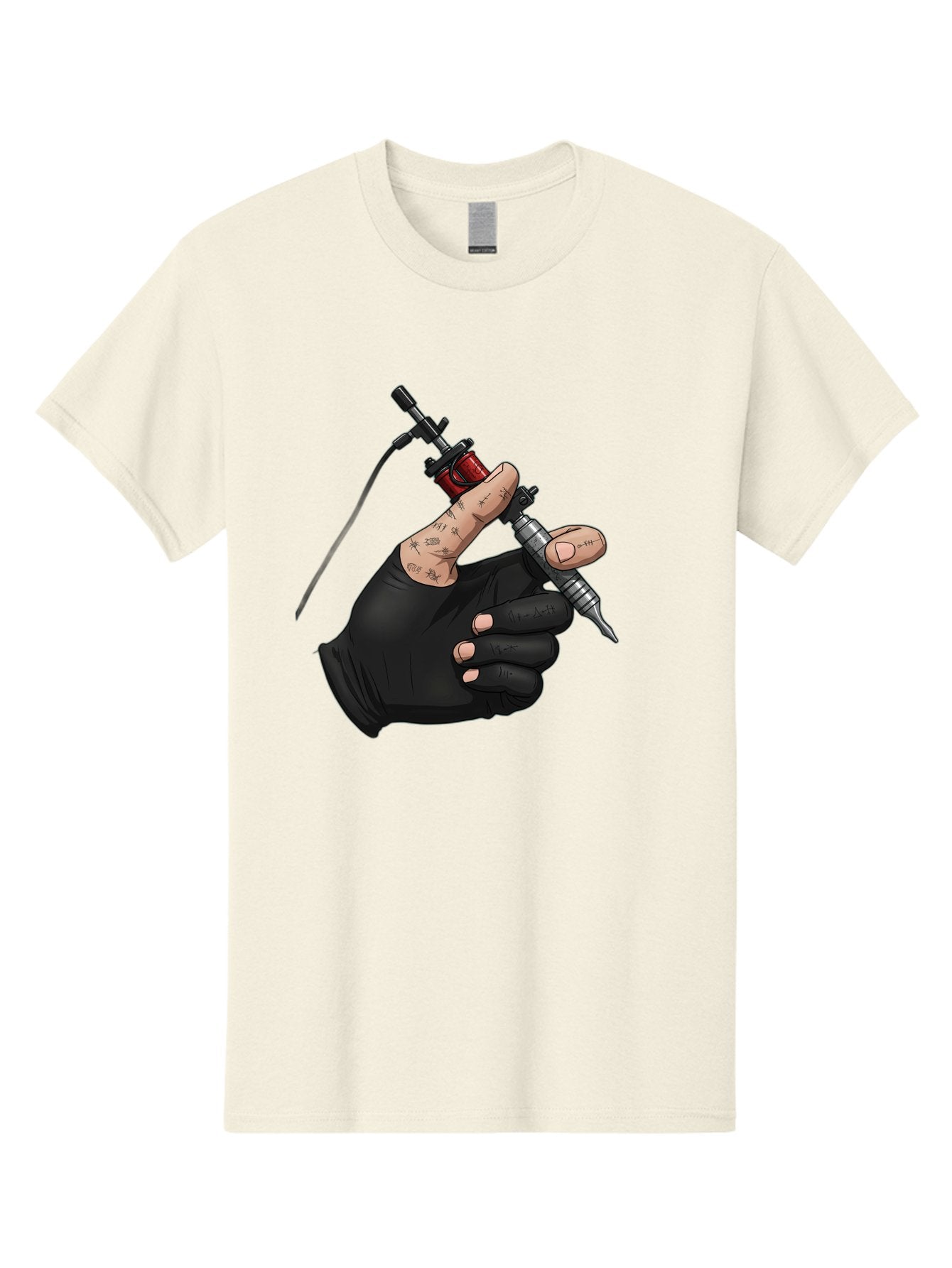 Tattoo-Hand Men'S Graphic Tee, 100% Cotton, Comfortable Casual Summer Wear, Machine Washable, Tattoo Artist Hand, Black Glove, Tattoo Machine In Hand, Red Tattoo Gun, Silver Needle, Tattoo Art, Body Art, Inked Hand Bad802 9