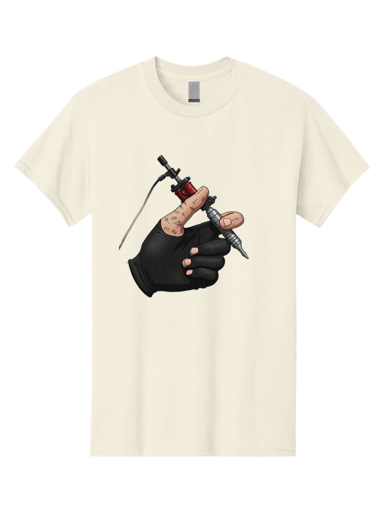 Tattoo-Hand Men'S Graphic Tee, 100% Cotton, Comfortable Casual Summer Wear, Machine Washable, Tattoo Artist Hand, Black Glove, Tattoo Machine In Hand, Red Tattoo Gun, Silver Needle, Tattoo Art, Body Art, Inked Hand Bad802 5
