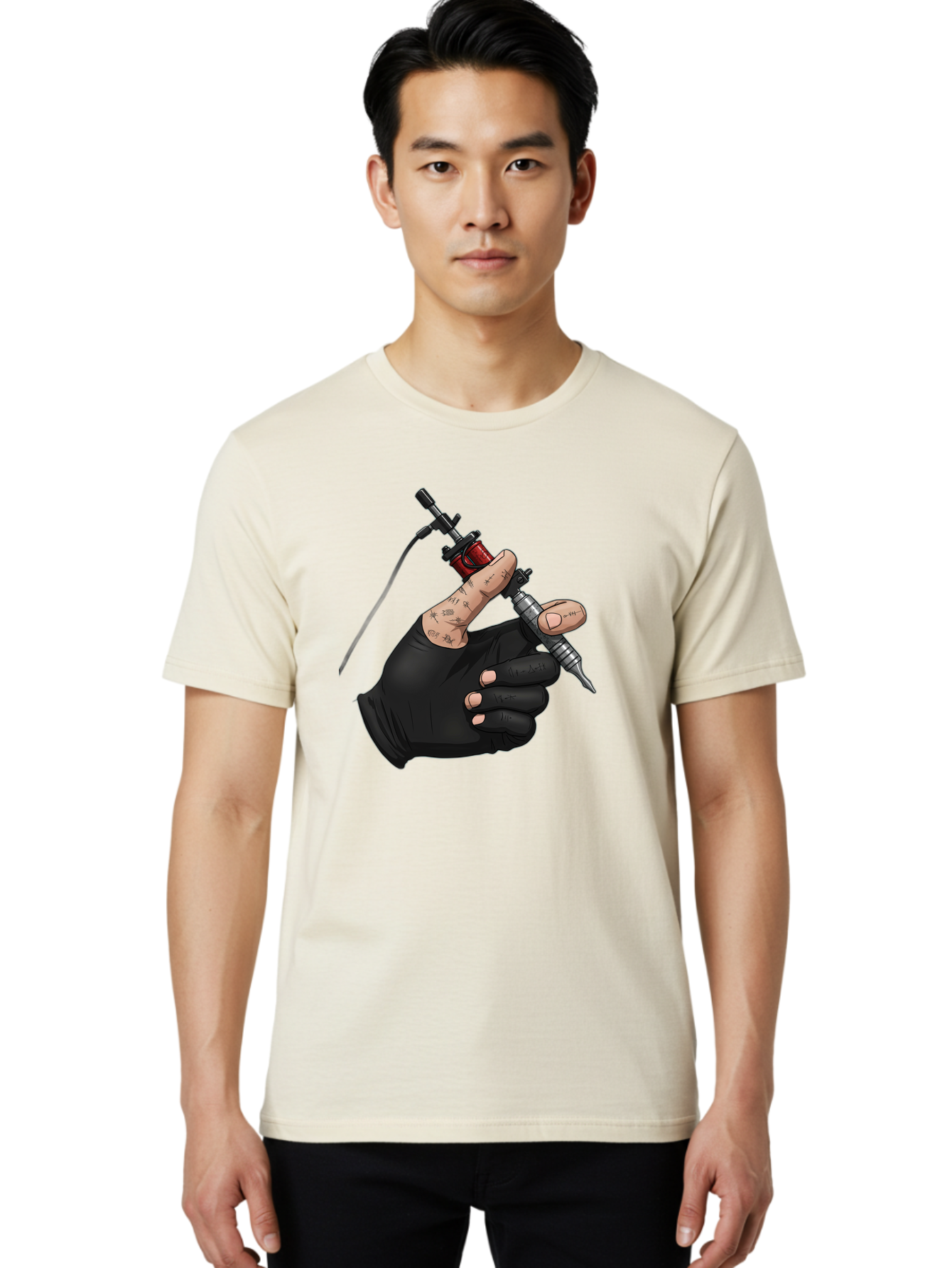 Tattoo-Hand Men'S Graphic Tee, 100% Cotton, Comfortable Casual Summer Wear, Machine Washable, Tattoo Artist Hand, Black Glove, Tattoo Machine In Hand, Red Tattoo Gun, Silver Needle, Tattoo Art, Body Art, Inked Hand Bad802 20