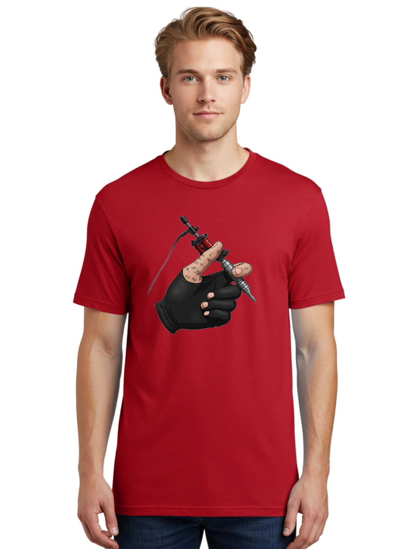Tattoo-Hand Men'S Graphic Tee, 100% Cotton, Comfortable Casual Summer Wear, Machine Washable, Tattoo Artist Hand, Black Glove, Tattoo Machine In Hand, Red Tattoo Gun, Silver Needle, Tattoo Art, Body Art, Inked Hand Bad802 17
