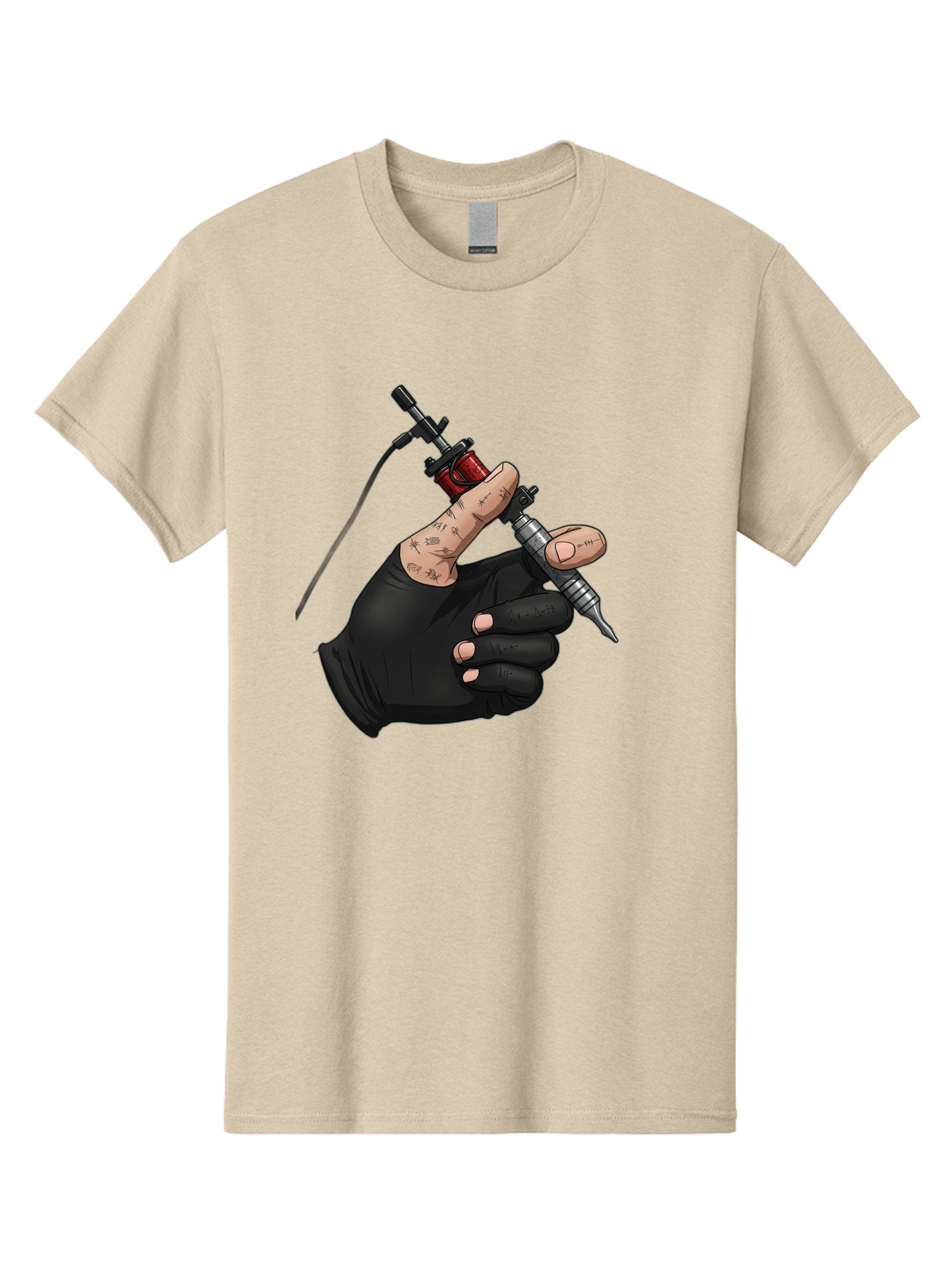 Tattoo-Hand Men'S Graphic Tee, 100% Cotton, Comfortable Casual Summer Wear, Machine Washable, Tattoo Artist Hand, Black Glove, Tattoo Machine In Hand, Red Tattoo Gun, Silver Needle, Tattoo Art, Body Art, Inked Hand Bad802