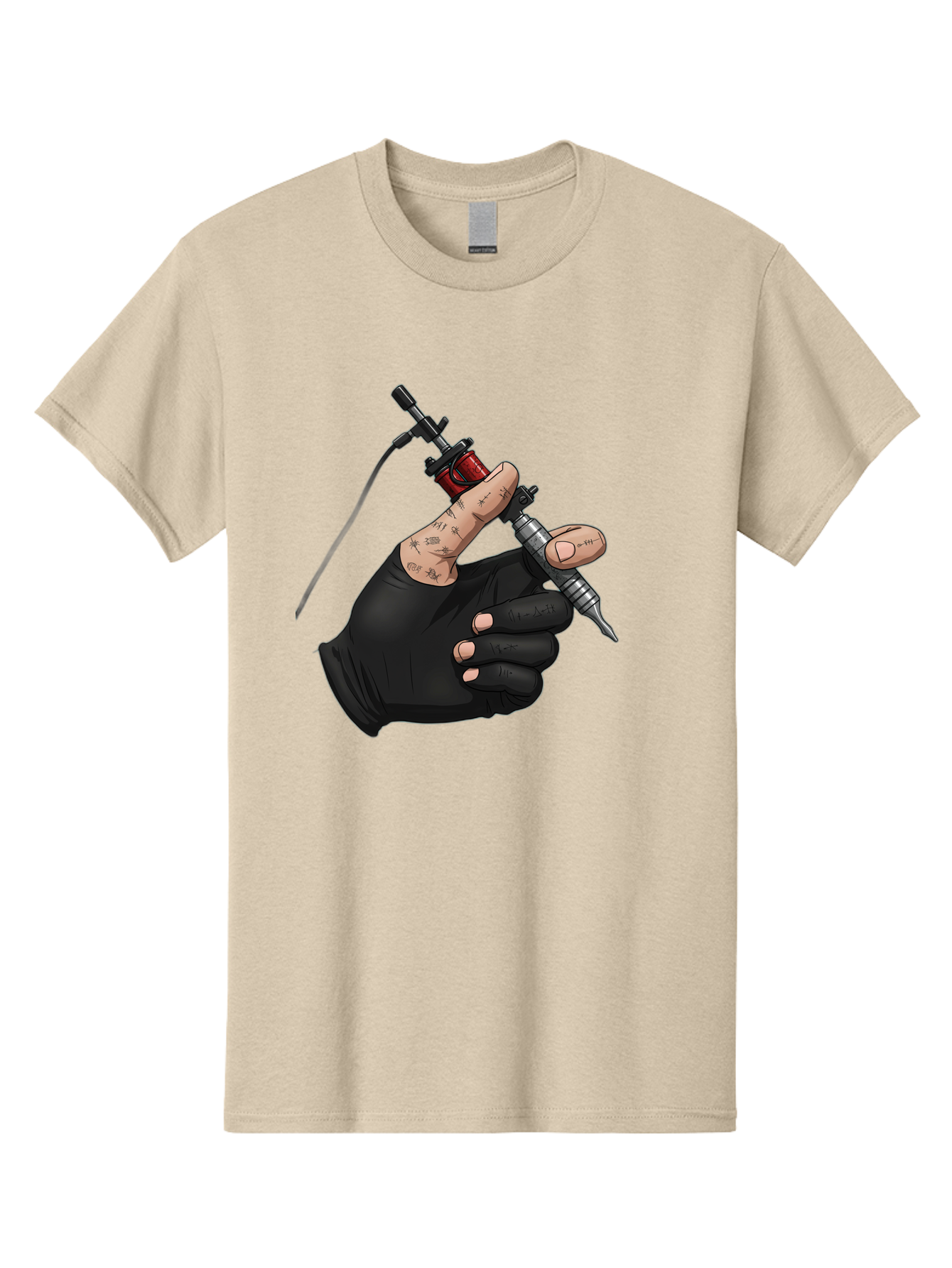Tattoo-Hand Men'S Graphic Tee, 100% Cotton, Comfortable Casual Summer Wear, Machine Washable, Tattoo Artist Hand, Black Glove, Tattoo Machine In Hand, Red Tattoo Gun, Silver Needle, Tattoo Art, Body Art, Inked Hand Bad802 10
