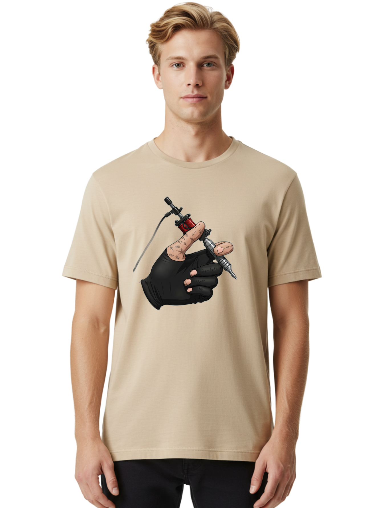 Tattoo-Hand Men'S Graphic Tee, 100% Cotton, Comfortable Casual Summer Wear, Machine Washable, Tattoo Artist Hand, Black Glove, Tattoo Machine In Hand, Red Tattoo Gun, Silver Needle, Tattoo Art, Body Art, Inked Hand Bad802 25