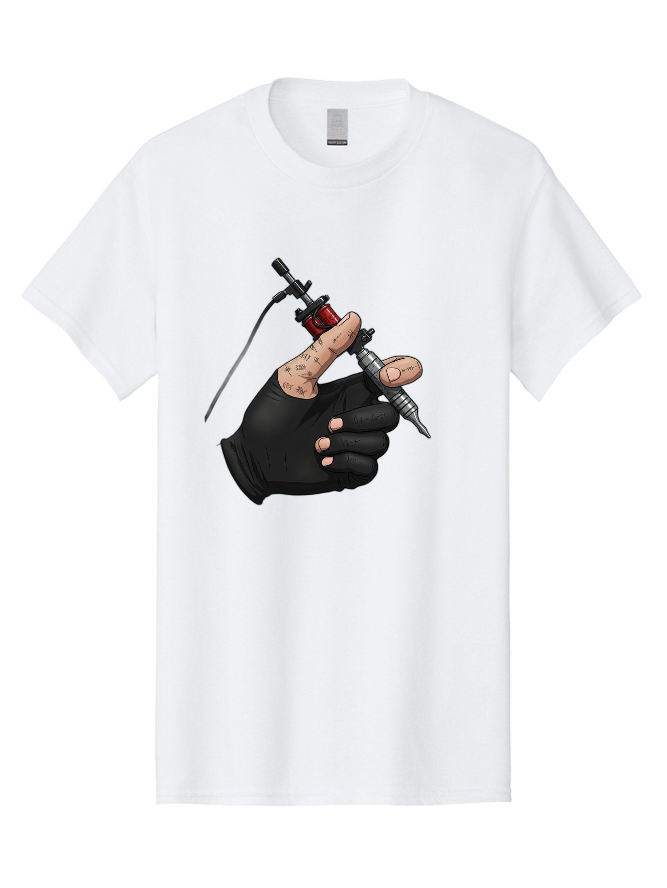 Tattoo-Hand Men'S Graphic Tee, 100% Cotton, Comfortable Casual Summer Wear, Machine Washable, Tattoo Artist Hand, Black Glove, Tattoo Machine In Hand, Red Tattoo Gun, Silver Needle, Tattoo Art, Body Art, Inked Hand Bad802 7