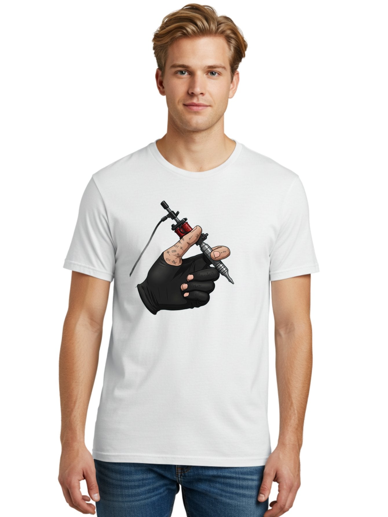 Tattoo-Hand Men'S Graphic Tee, 100% Cotton, Comfortable Casual Summer Wear, Machine Washable, Tattoo Artist Hand, Black Glove, Tattoo Machine In Hand, Red Tattoo Gun, Silver Needle, Tattoo Art, Body Art, Inked Hand Bad802 16