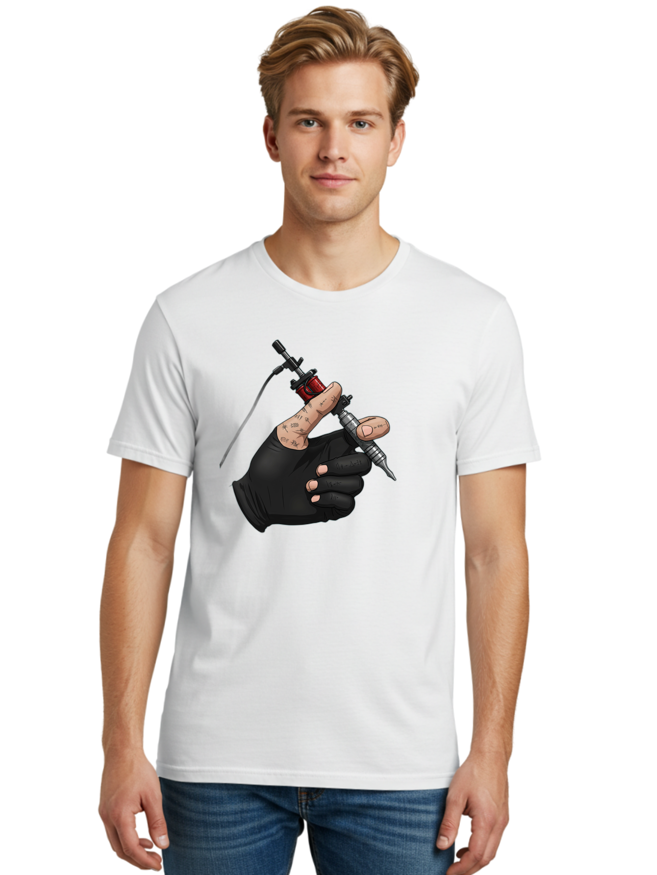 Tattoo-Hand Men'S Graphic Tee, 100% Cotton, Comfortable Casual Summer Wear, Machine Washable, Tattoo Artist Hand, Black Glove, Tattoo Machine In Hand, Red Tattoo Gun, Silver Needle, Tattoo Art, Body Art, Inked Hand Bad802 28