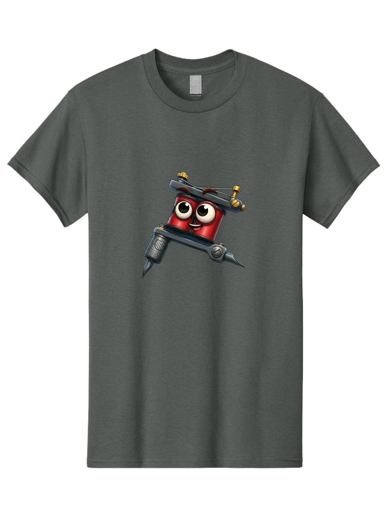 Tattoo-Machine-1 Men'S Graphic Tee, 100% Cotton, Comfortable Casual Summer Wear, Machine Washable, Tattoo Machine With Face, Cartoon Character, Red Body, Humorous Design, Creative Art, Tattoo Artist Equipment, Body Art, Ink, Needle Bad803 4