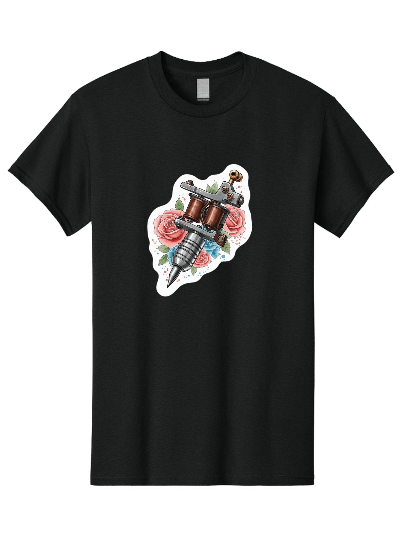 Tattoo-Machine-3 Men'S Graphic Tee, 100% Cotton, Comfortable Casual Summer Wear, Machine Washable, Vintage Tattoo Machine, Floral Design, Pink Roses, Blue Flowers, Body Art, Tattoo Culture, Ink, Artistic Expression, Decorative Art, Bad805 13
