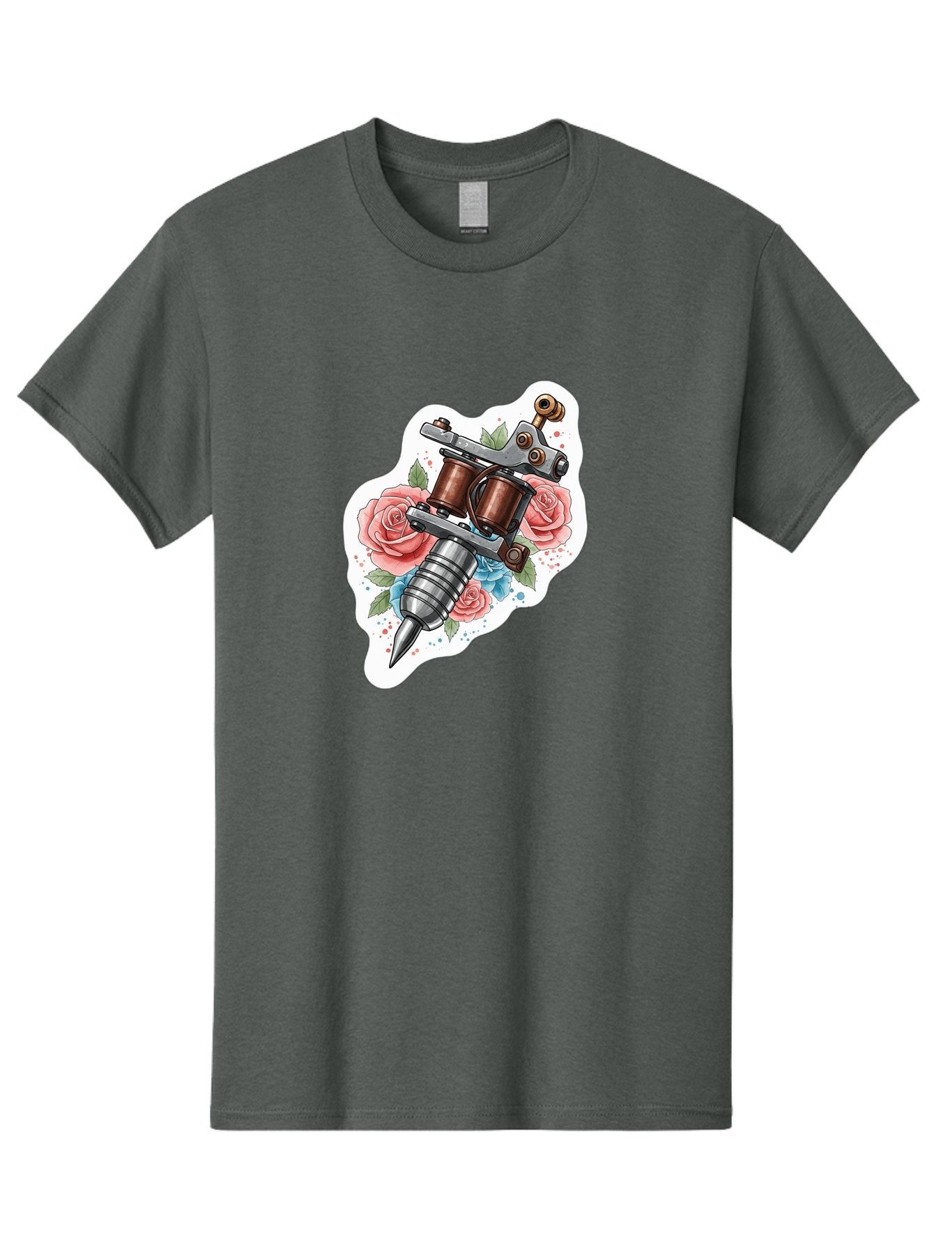 Tattoo-Machine-3 Men'S Graphic Tee, 100% Cotton, Comfortable Casual Summer Wear, Machine Washable, Vintage Tattoo Machine, Floral Design, Pink Roses, Blue Flowers, Body Art, Tattoo Culture, Ink, Artistic Expression, Decorative Art, Bad805 7