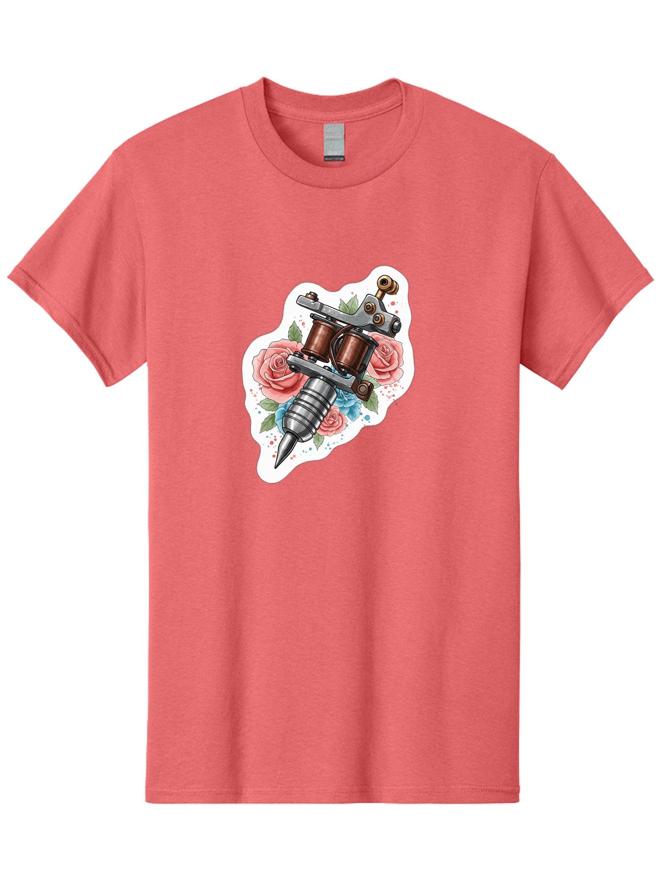 Tattoo-Machine-3 Men'S Graphic Tee, 100% Cotton, Comfortable Casual Summer Wear, Machine Washable, Vintage Tattoo Machine, Floral Design, Pink Roses, Blue Flowers, Body Art, Tattoo Culture, Ink, Artistic Expression, Decorative Art, Bad805 10