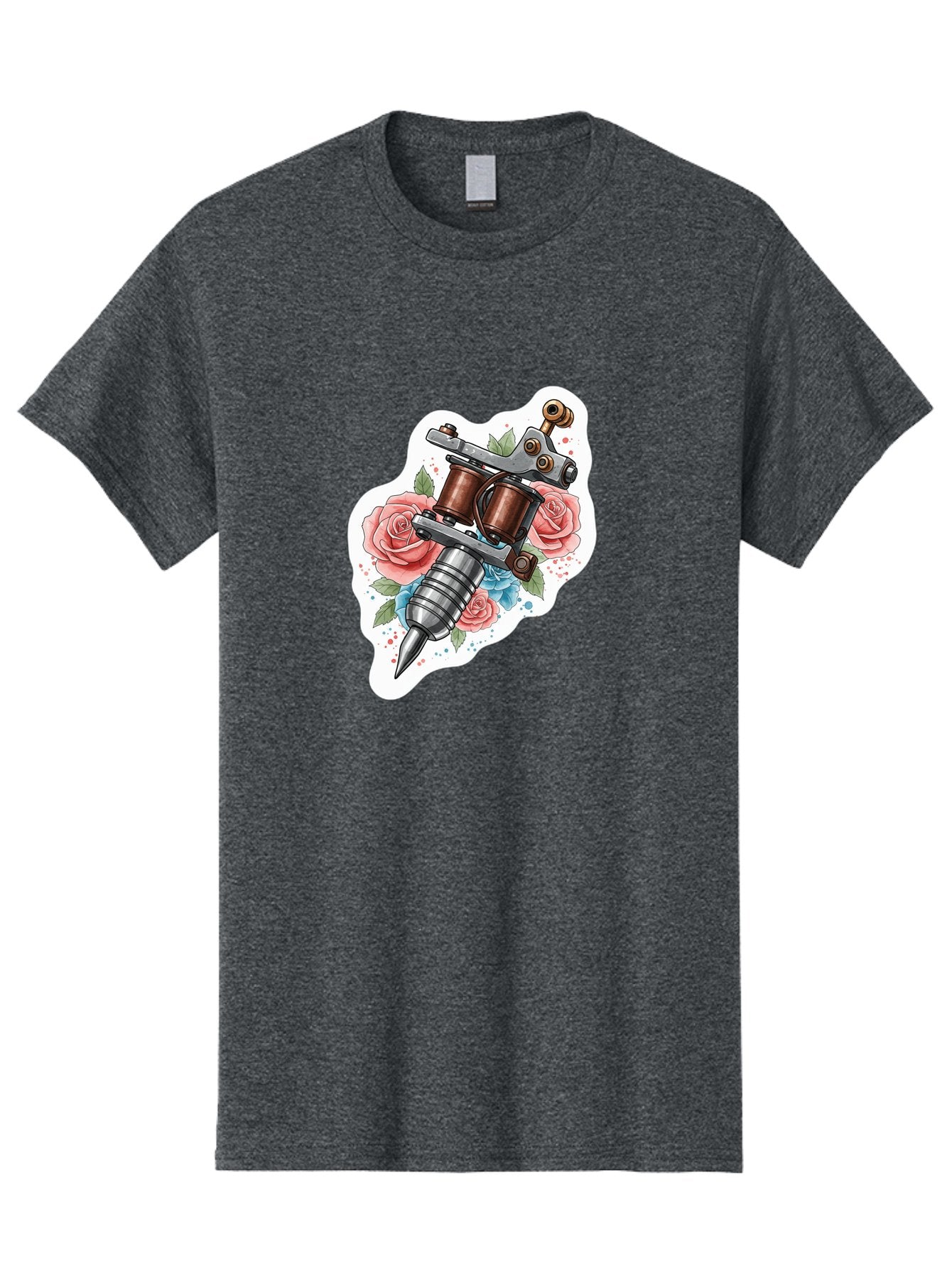 Tattoo-Machine-3 Men'S Graphic Tee, 100% Cotton, Comfortable Casual Summer Wear, Machine Washable, Vintage Tattoo Machine, Floral Design, Pink Roses, Blue Flowers, Body Art, Tattoo Culture, Ink, Artistic Expression, Decorative Art, Bad805