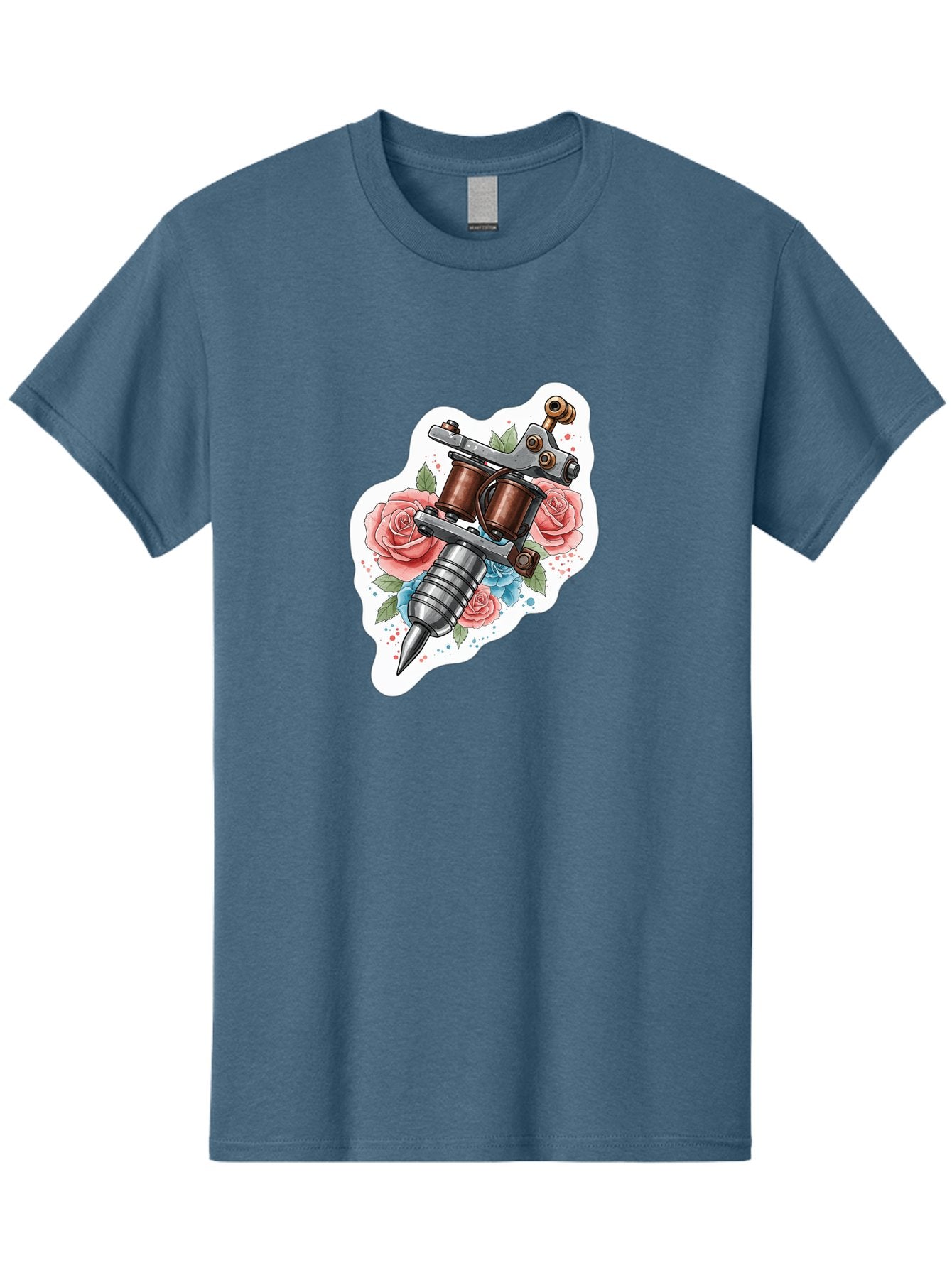 Tattoo-Machine-3 Men'S Graphic Tee, 100% Cotton, Comfortable Casual Summer Wear, Machine Washable, Vintage Tattoo Machine, Floral Design, Pink Roses, Blue Flowers, Body Art, Tattoo Culture, Ink, Artistic Expression, Decorative Art, Bad805 12