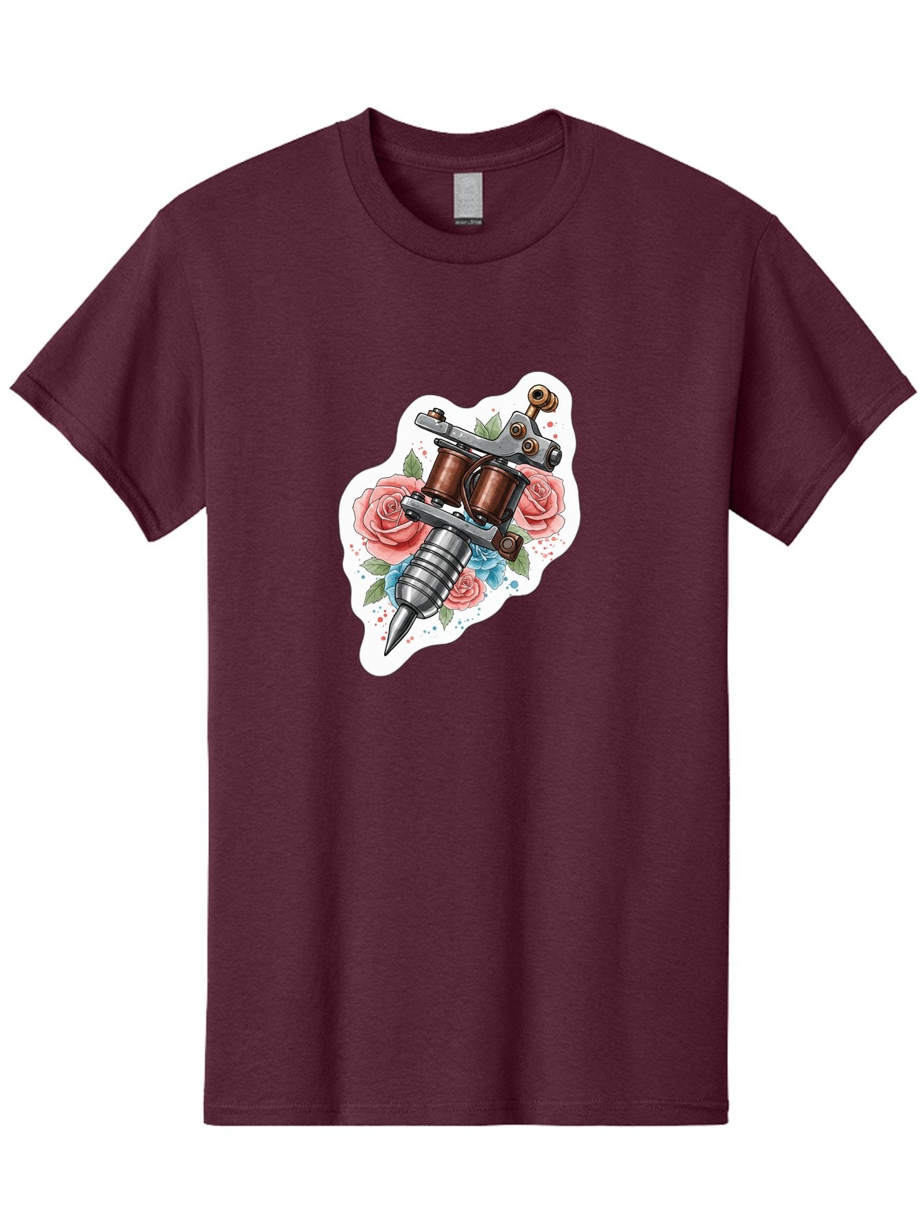 Tattoo-Machine-3 Men'S Graphic Tee, 100% Cotton, Comfortable Casual Summer Wear, Machine Washable, Vintage Tattoo Machine, Floral Design, Pink Roses, Blue Flowers, Body Art, Tattoo Culture, Ink, Artistic Expression, Decorative Art, Bad805 14