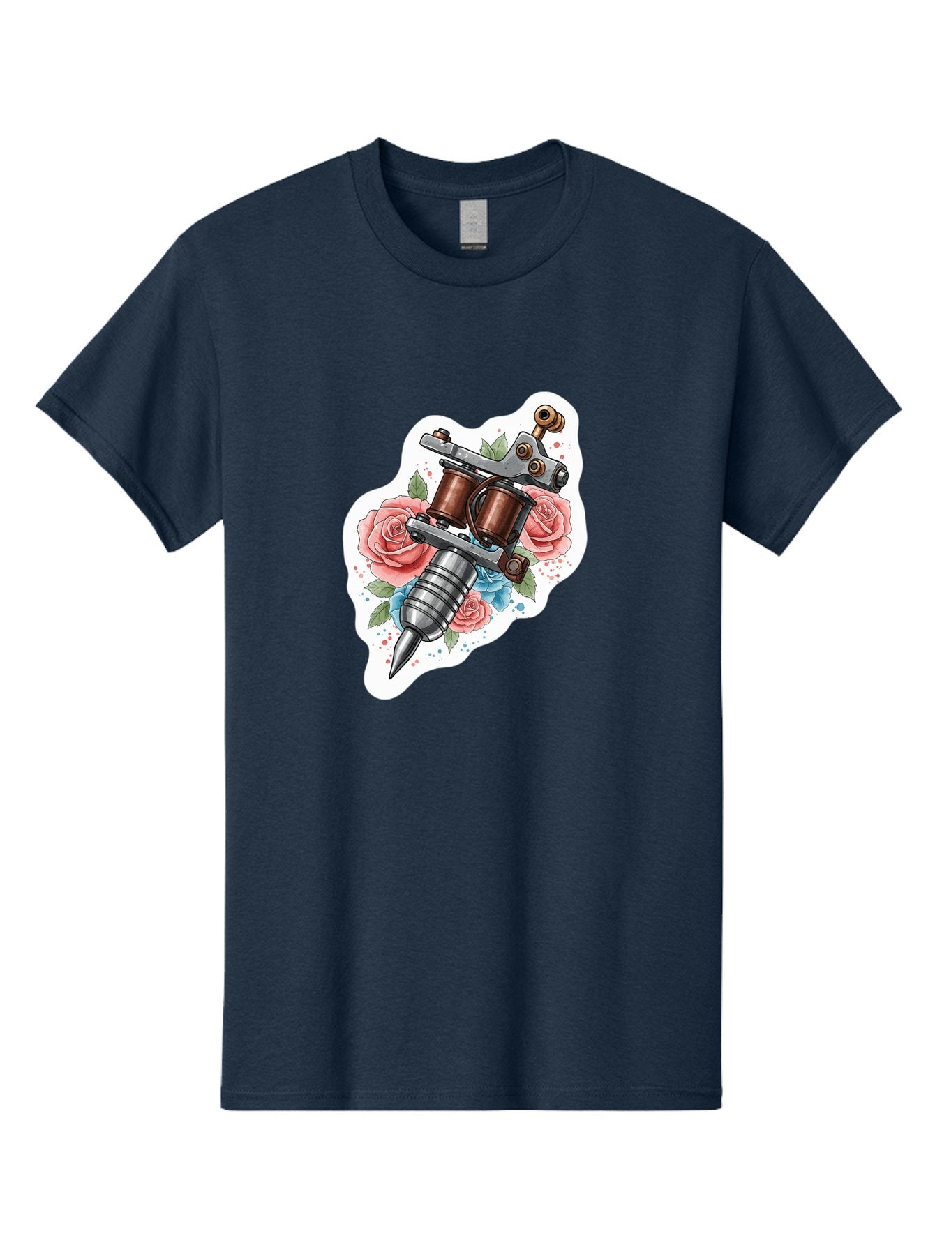 Tattoo-Machine-3 Men'S Graphic Tee, 100% Cotton, Comfortable Casual Summer Wear, Machine Washable, Vintage Tattoo Machine, Floral Design, Pink Roses, Blue Flowers, Body Art, Tattoo Culture, Ink, Artistic Expression, Decorative Art, Bad805 9