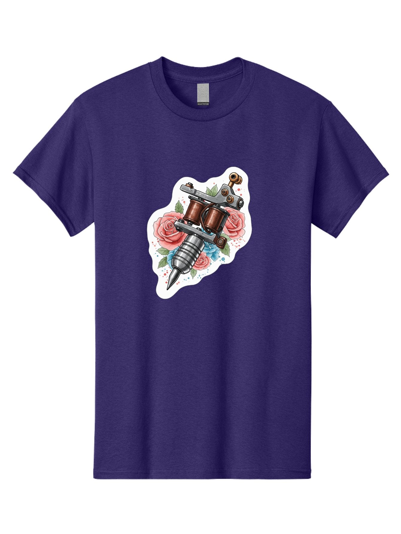 Tattoo-Machine-3 Men'S Graphic Tee, 100% Cotton, Comfortable Casual Summer Wear, Machine Washable, Vintage Tattoo Machine, Floral Design, Pink Roses, Blue Flowers, Body Art, Tattoo Culture, Ink, Artistic Expression, Decorative Art, Bad805